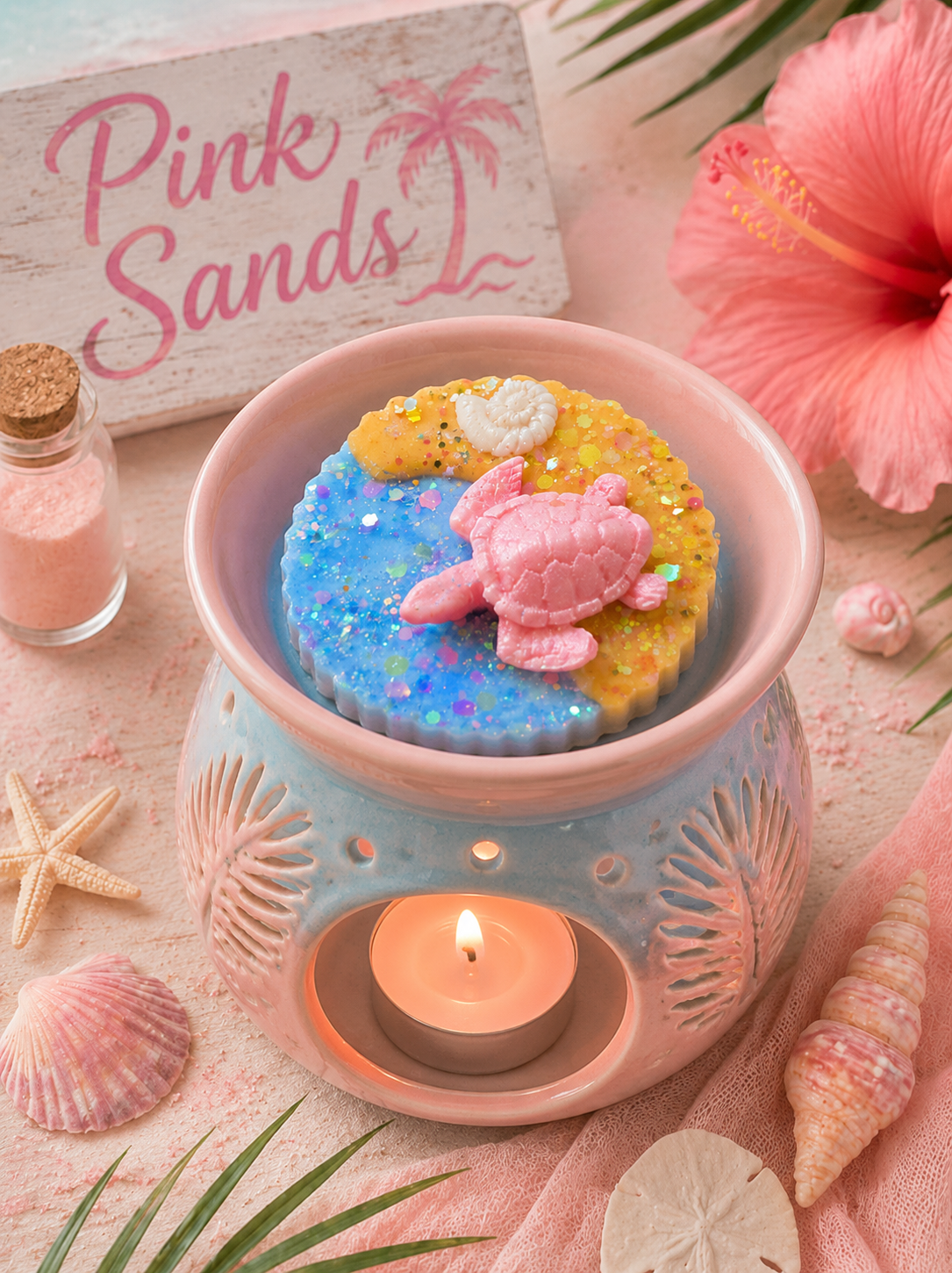 Pink sands turtle wax melt in burner surrounded by beach and shells.