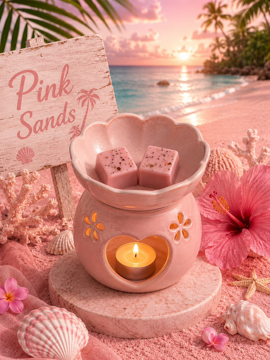 Pink wax warmer with pink wax melts on a beach setting with 'Pink Sands' sign and tropical elements.