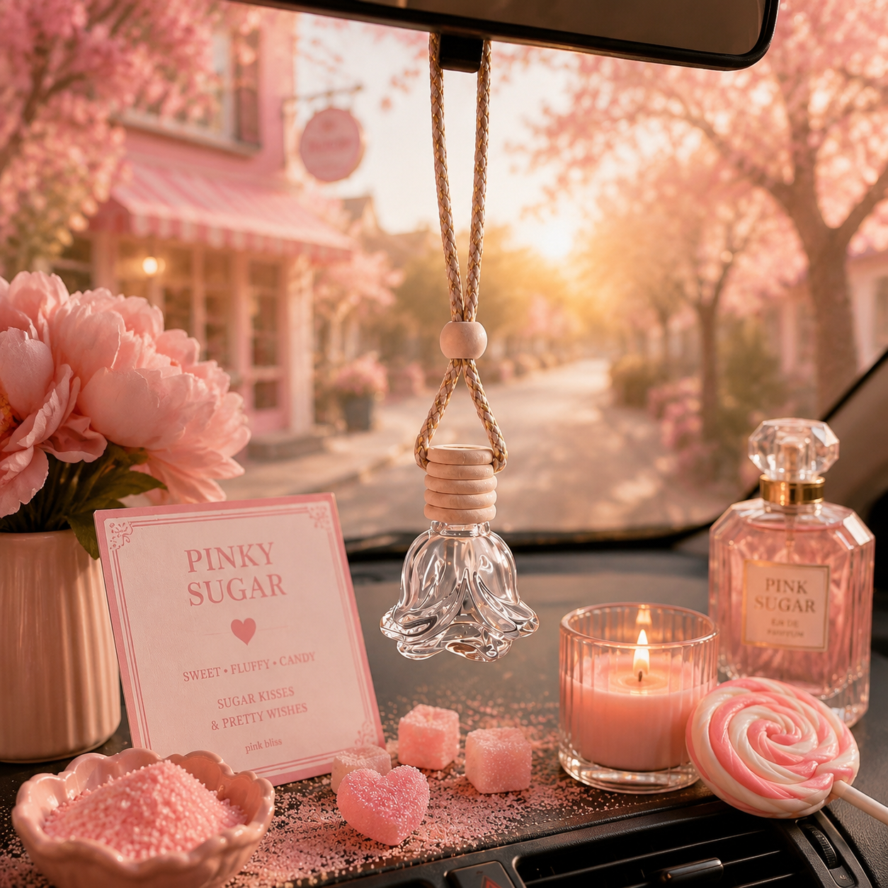 A styled car interior scene with pink-themed accessories and a hanging glass diffuser under the rearview mirror. Visible items include a pink flower arrangement, a card reading 'PINKY SUGAR,' pink sugar cubes, a lit pink candle, a pink perfume bottle labeled 'PINKY SUGAR,' and a pink-and-white lollipop.