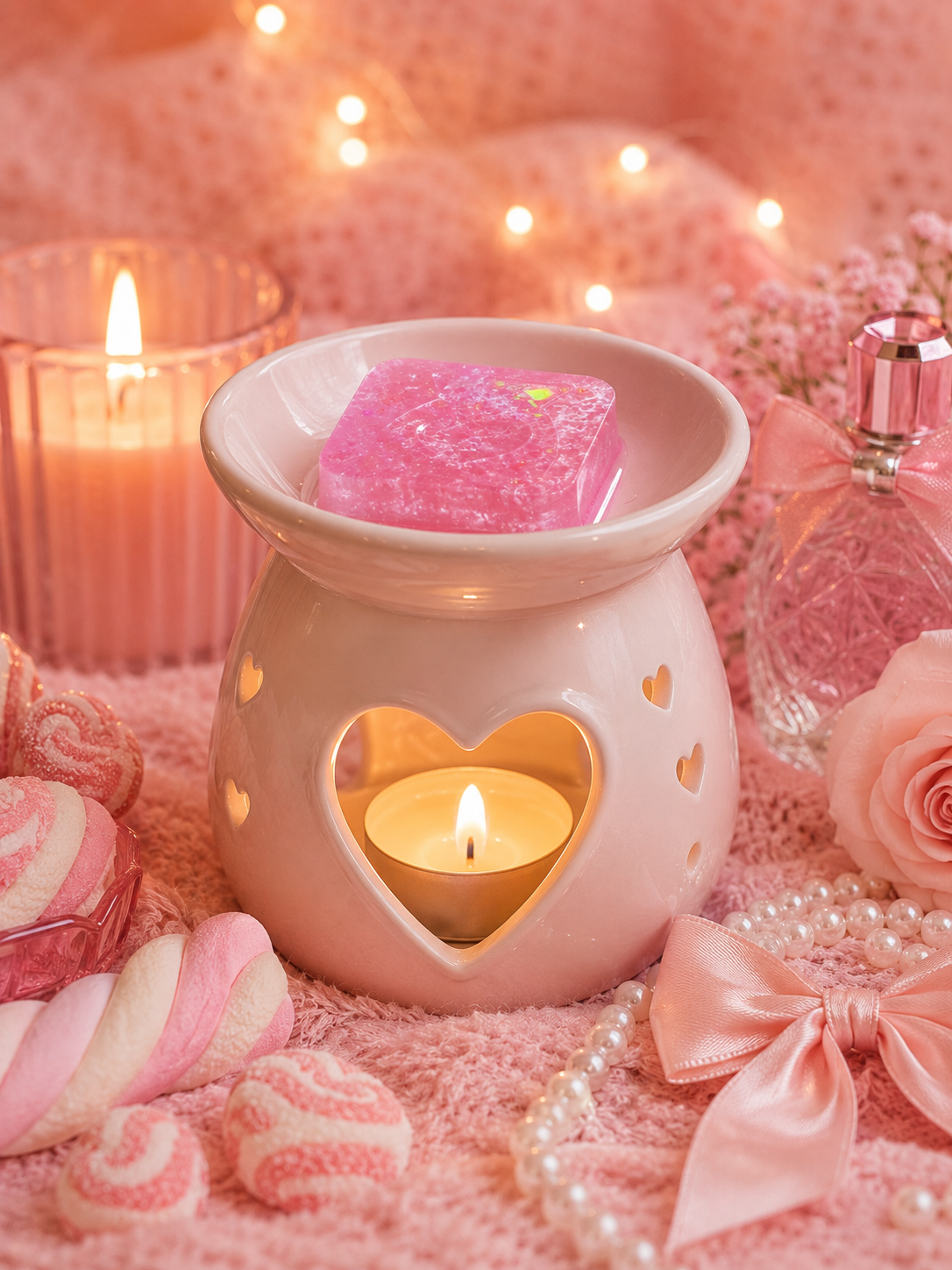 A pink ceramic wax warmer with a heart-shaped cutout, lit with a small tealight candle inside, and a pink gel wax melt resting in its bowl. The scene is styled with pink candles, pearls, a perfume bottle, and pink sweets on a soft pink textured background.