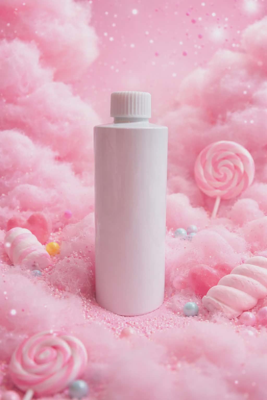 Pinky sugar reed diffuser refill surrounded by candy and candy floss.