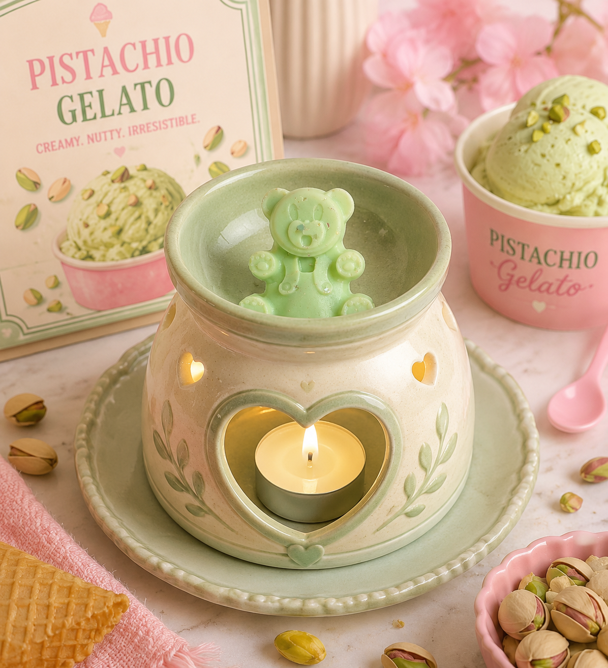 A pastel green and cream ceramic wax warmer with a teddy bear wax melt inside, styled on a matching saucer with a tea light candle burning in the heart-shaped opening. A pink and green 'Pistachio Gelato' box, a pink cup of pistachio gelato, and scattered pistachios are arranged around it on a light surface.
