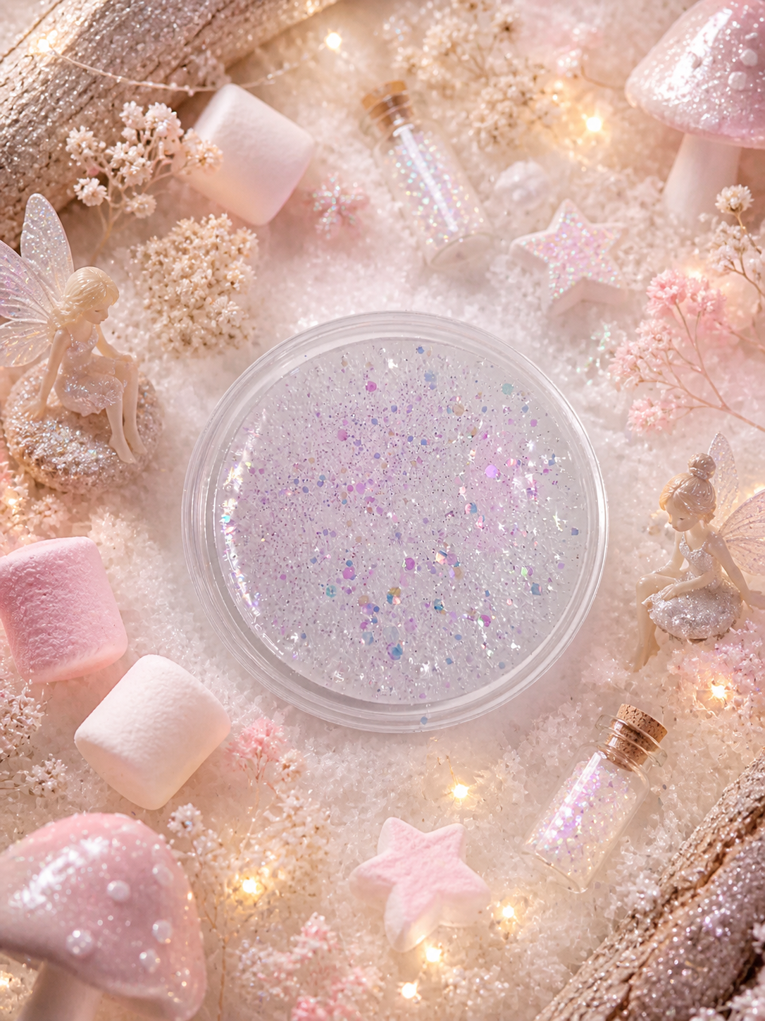 Pixie's vanilla wonderland gel wax melt pot surrounded by magical fairy lights and fairies.