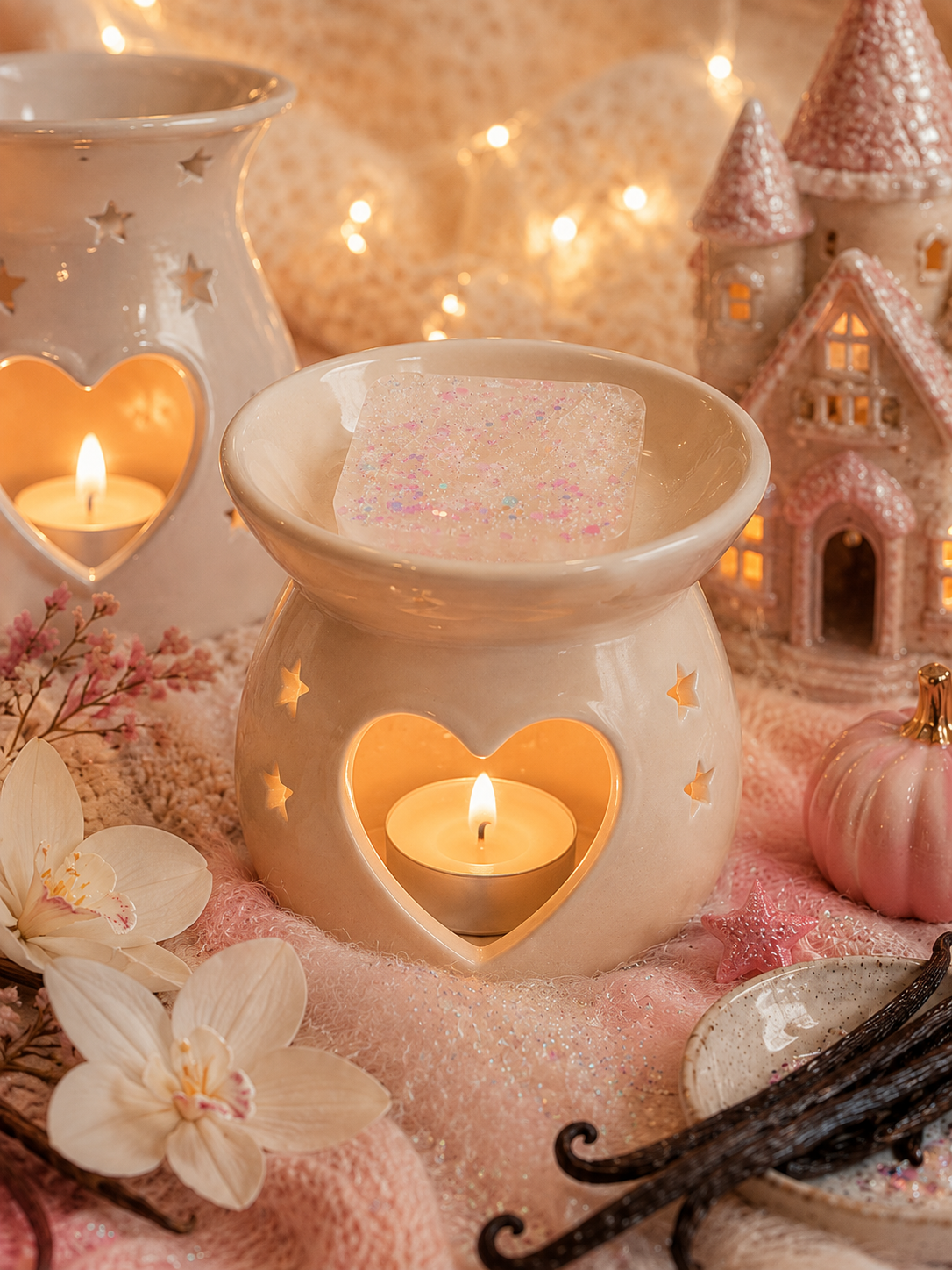A ceramic wax warmer with a heart-shaped cutout and star details, holding a lit tealight candle and a square gel wax melt, styled with pink fabric, dried flowers, vanilla beans, and fairy lights.