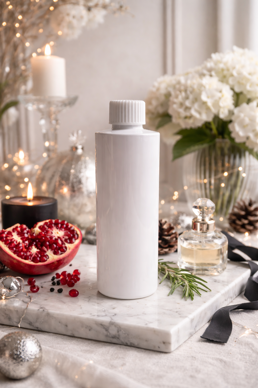 Pommy noir reed diffuser refill White bottle on a marble surface with decorative items including pomegranate, candles, and flowers.
