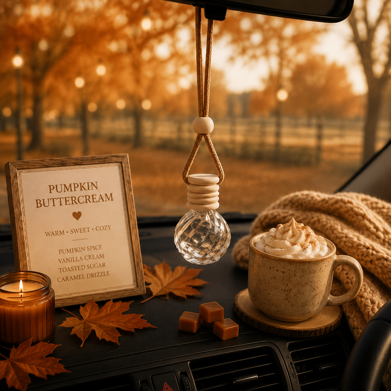 Pumpkin buttercream car air freshener surrounded by autumn decor.