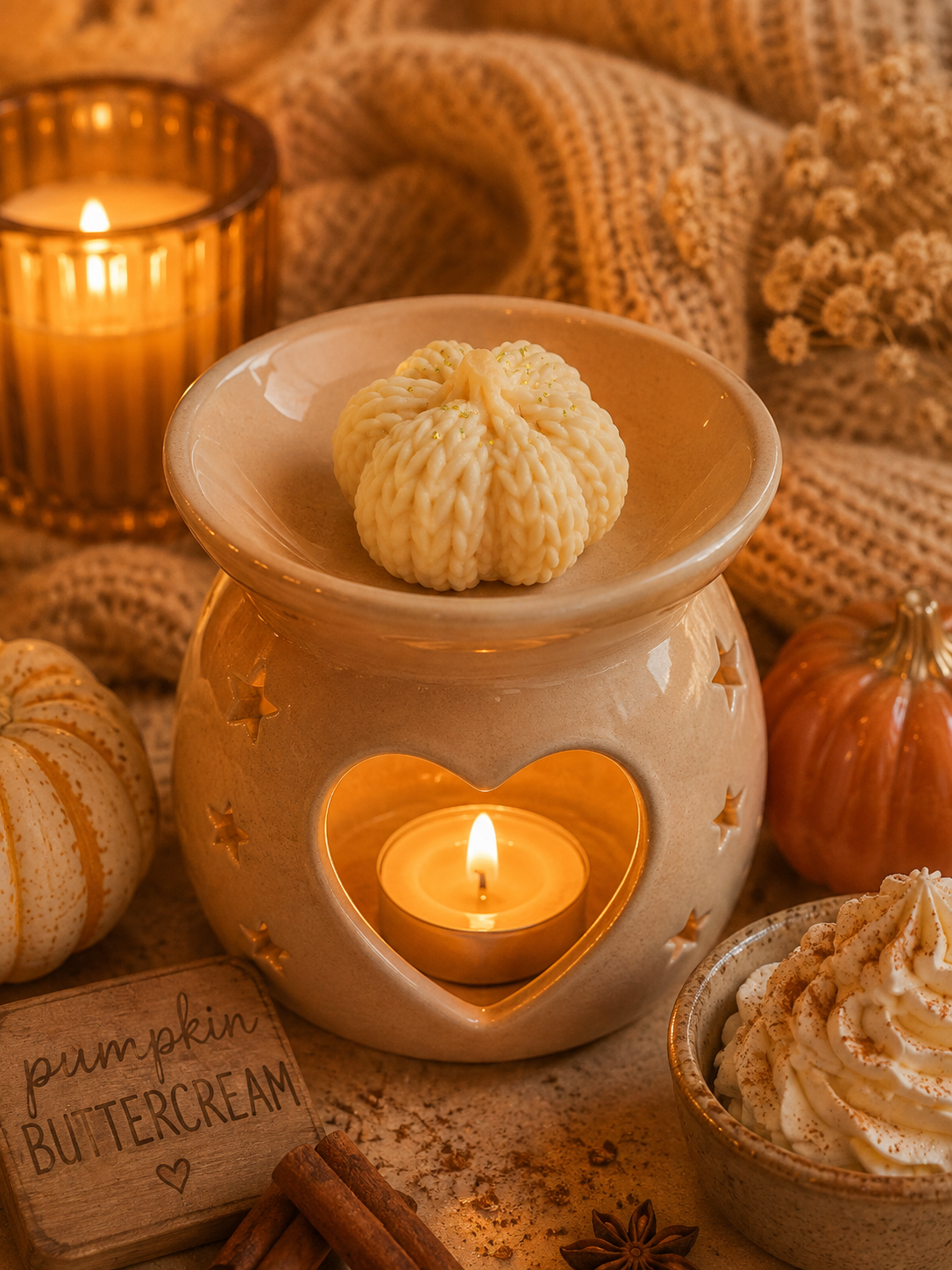 pumpkin buttercream knitted wax melt in burner with cosy autumn theme.