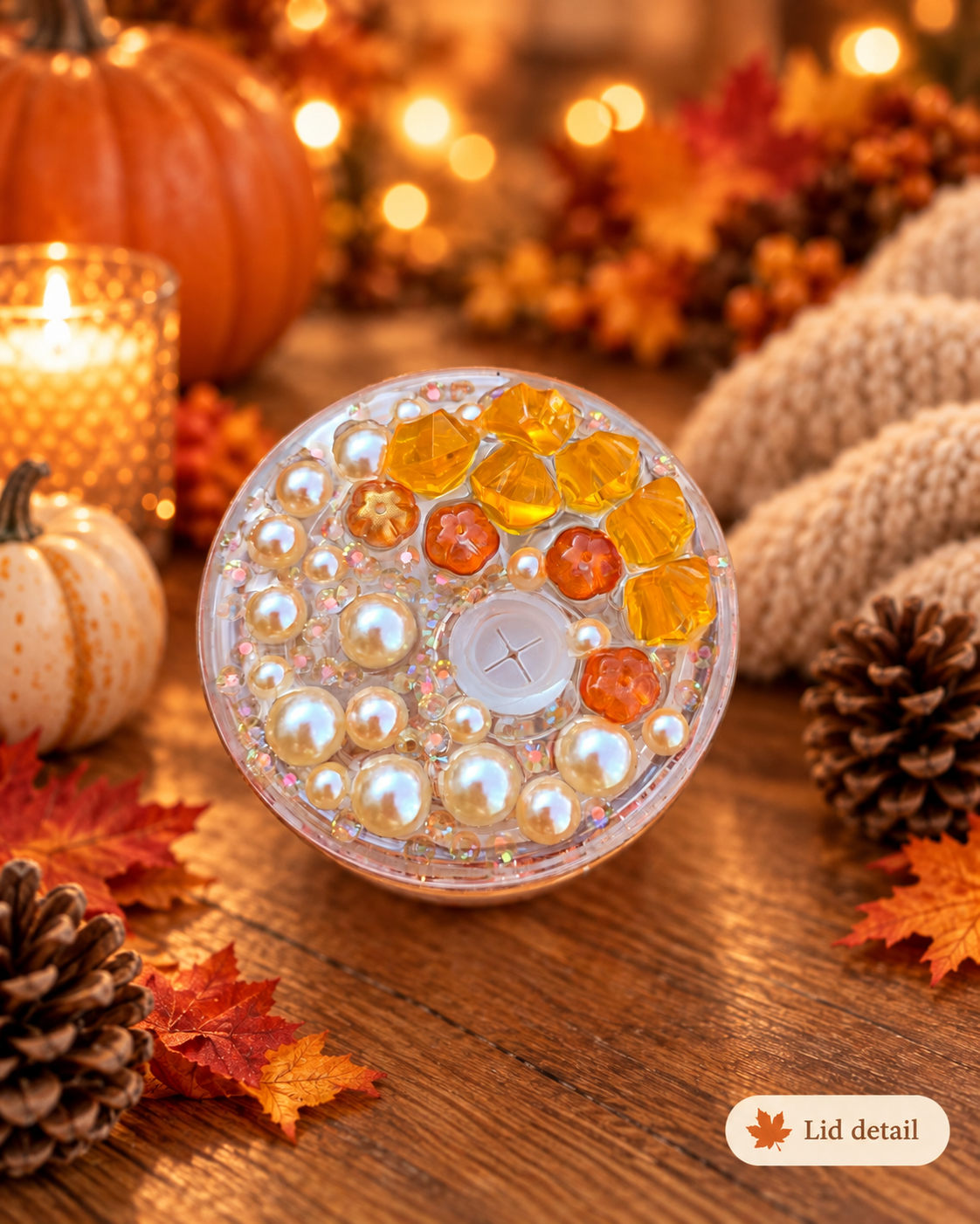 A round clear tumbler lid with decorative faux pearls, amber-orange beads, and glitter, shown on a wooden surface with autumn props including pumpkins, pinecones, leaves, and a candle. A small label in the corner reads 'Lid detail'.