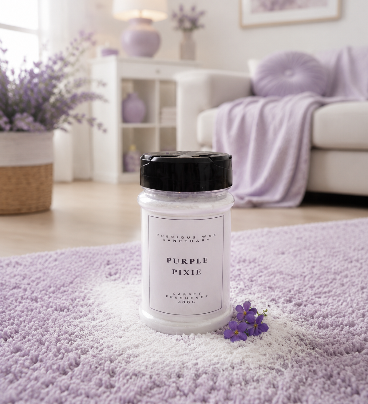 A jar of Purple Pixie carpet freshener placed on a fluffy light purple rug in a cozy, softly lit living room. The white jar has a black lid and a white label with black text, and a small sprig of purple flowers rests beside it.