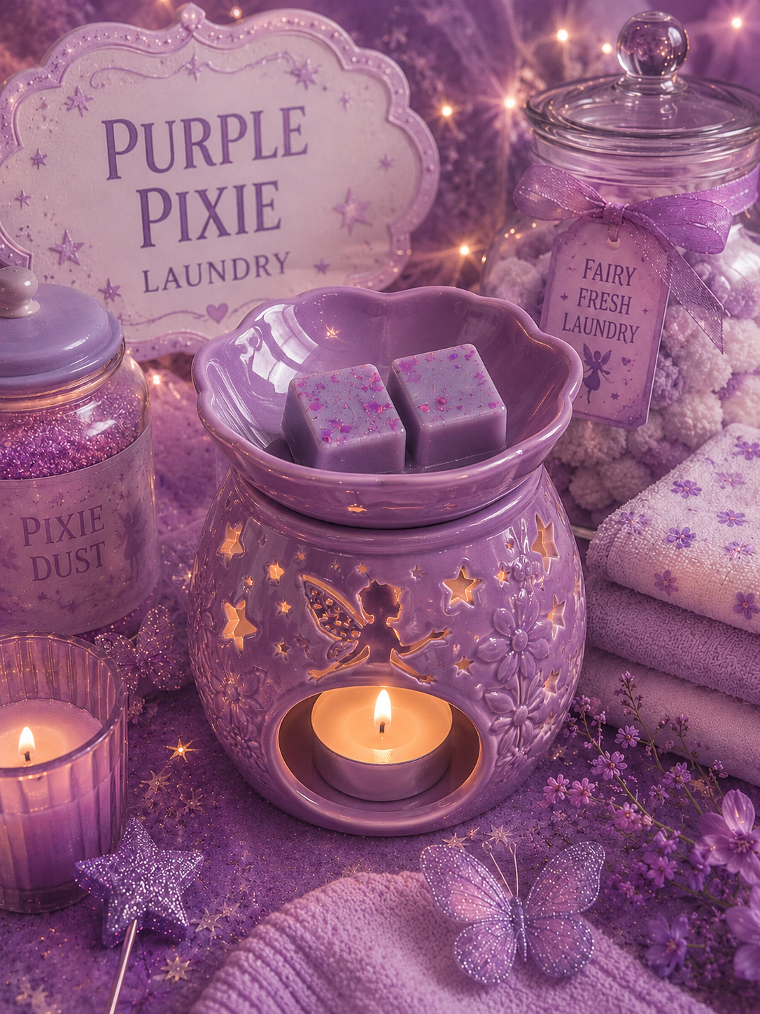 purple pixie laundry wax melts in burner surrounded by purple pixie fairy theme.