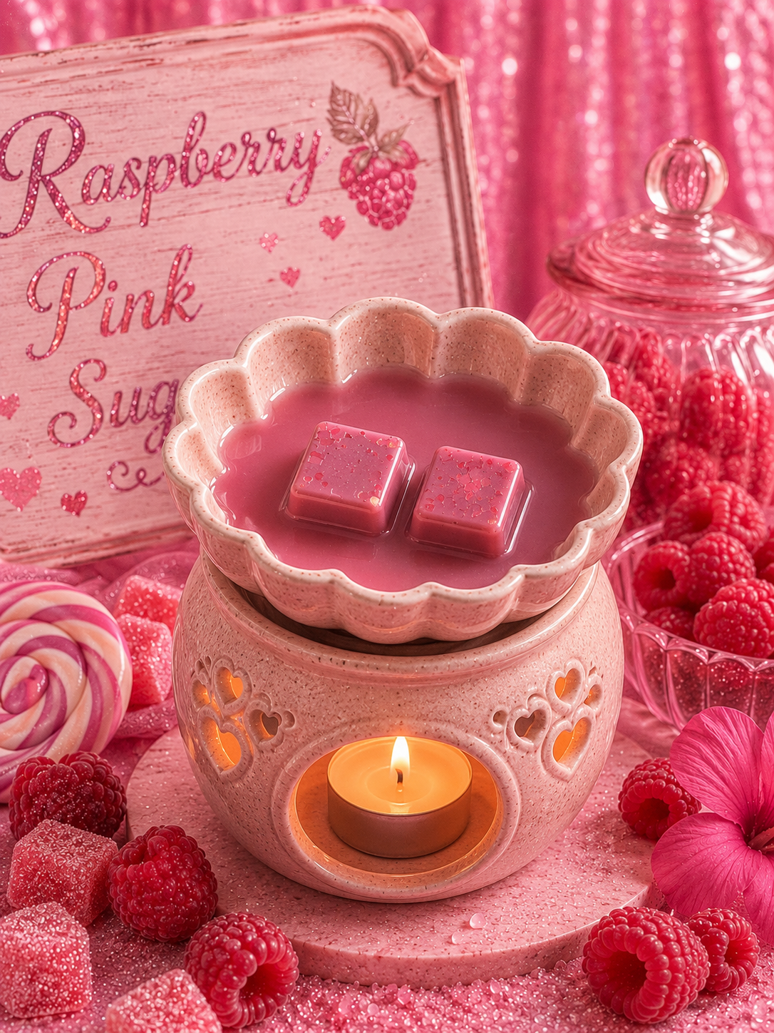 A pink raspberry wax melt warmer with a lit tea light candle, filled with pink wax and two wax melts, surrounded by raspberries, pink candy, and a sign that reads 'Raspberry Pink Sugar'.