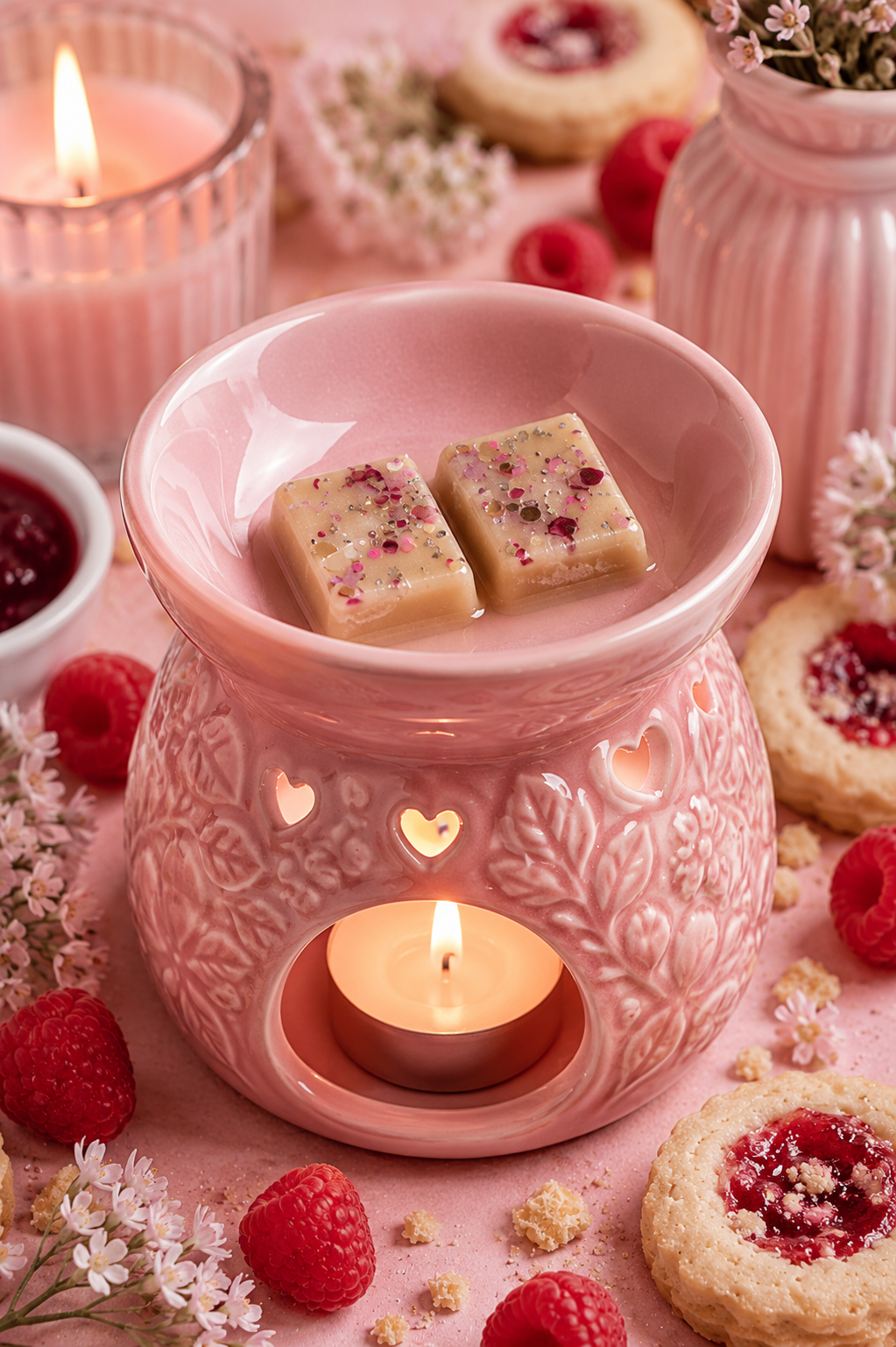 A pink ceramic wax warmer with a lit tealight candle inside, holding two square wax melts topped with dried raspberries. The scene is styled with fresh raspberries, cookies, white flowers, and other lit candles on a pink surface.