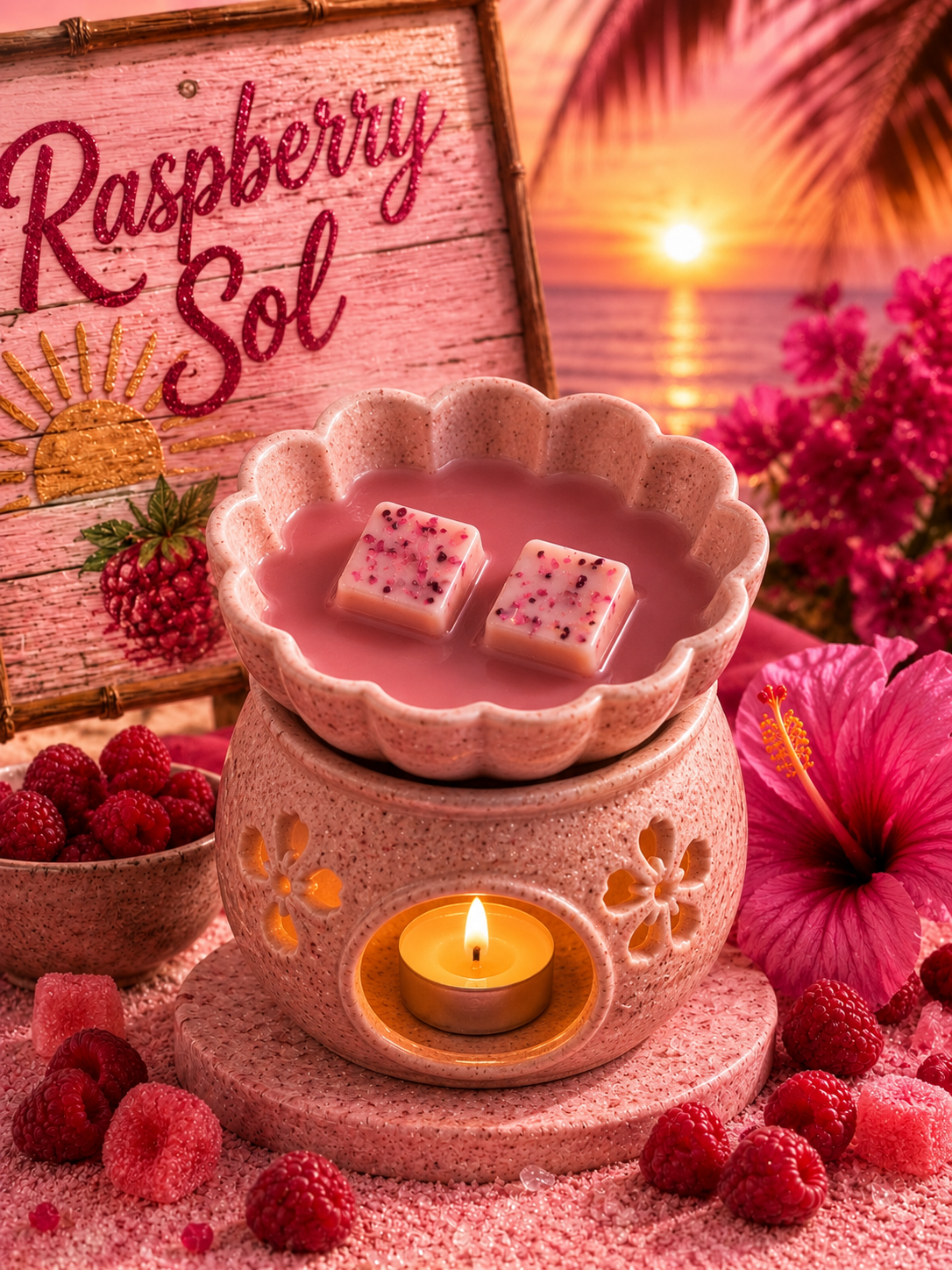 raspberry sol wax melts in burner. pink raspberry beach theme.