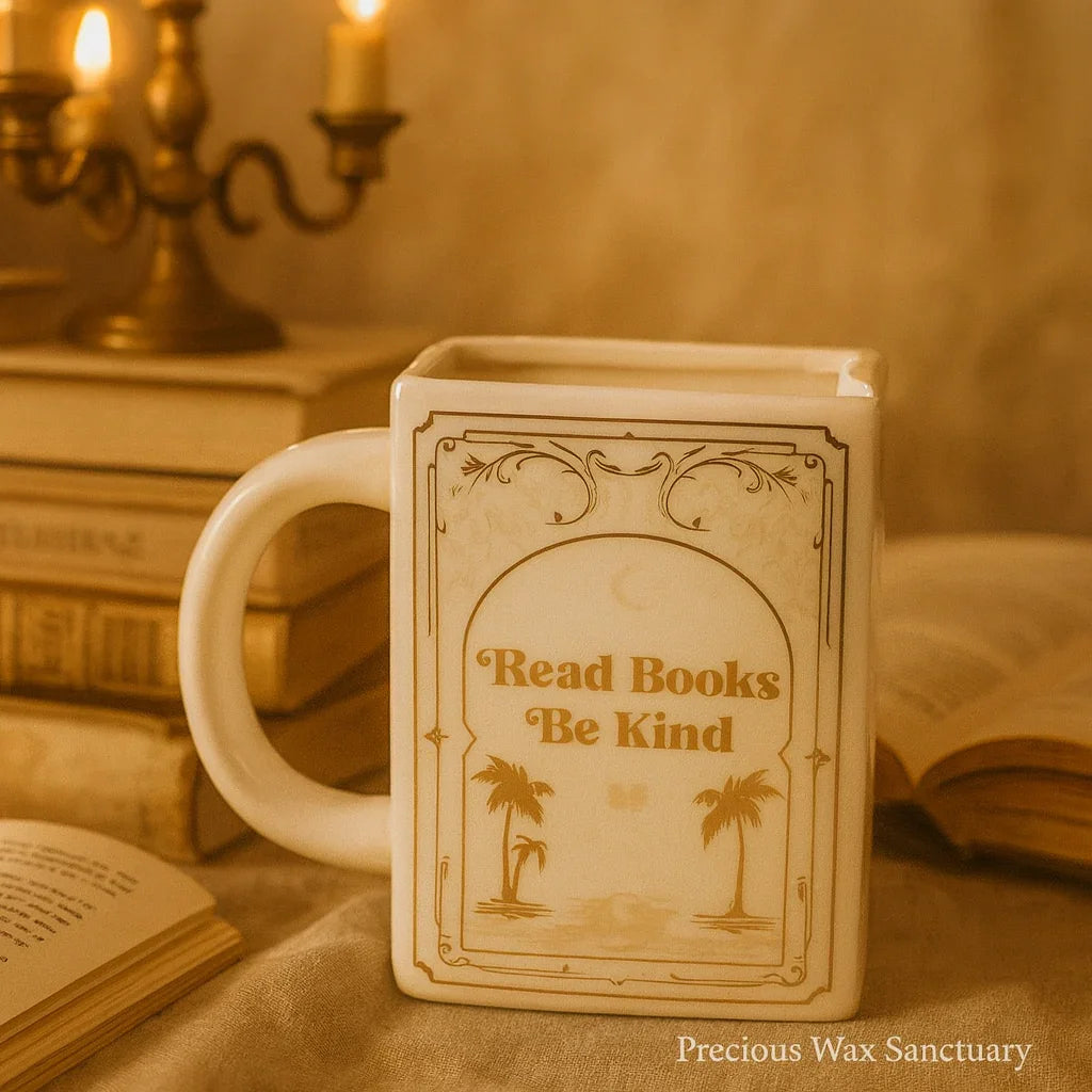 Mug with 'Read Books Be Kind' text and palm tree design on a warm-toned background with books.