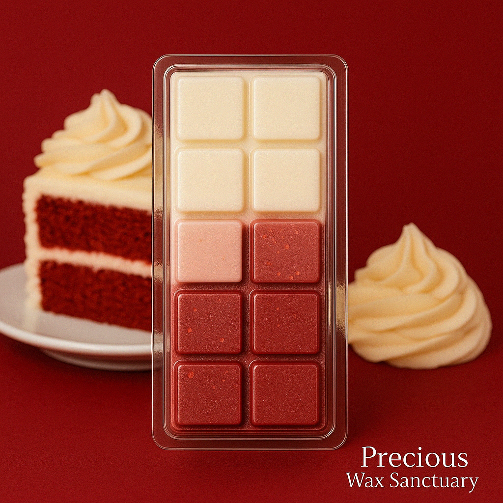 Red Velvet Cake Wax Melts featuring a rich, sweet aroma of moist red velvet cake with hints of creamy frosting and subtle cocoa undertones, evoking the indulgent scent of a freshly baked dessert.