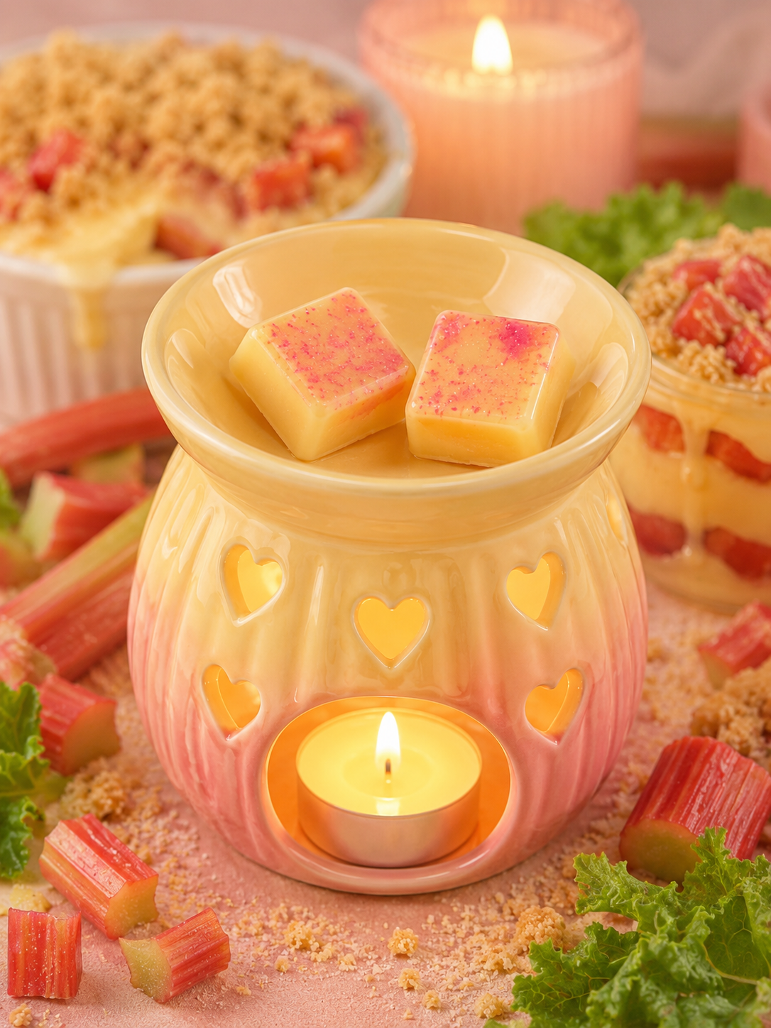 rhubarb and custard wax melts in burner with matching background and candle.