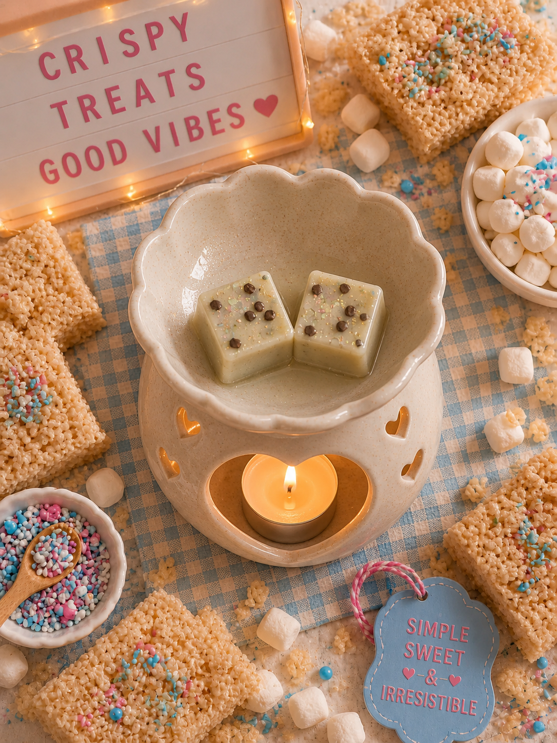 Crispy treats wax melts with a lit candle and decorative text on a checkered tablecloth.