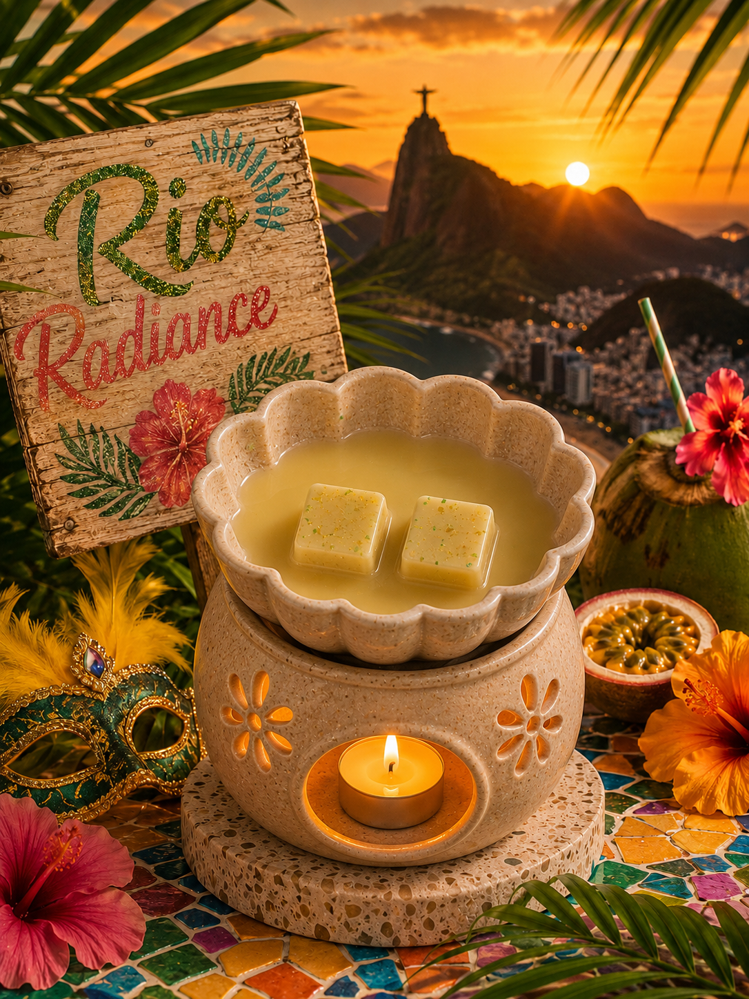 A decorative ceramic candle warmer filled with yellow wax and two wax melts, set in a tropical Rio de Janeiro scene with palm leaves, flowers, a masquerade mask, and a sunset over the city skyline in the background.