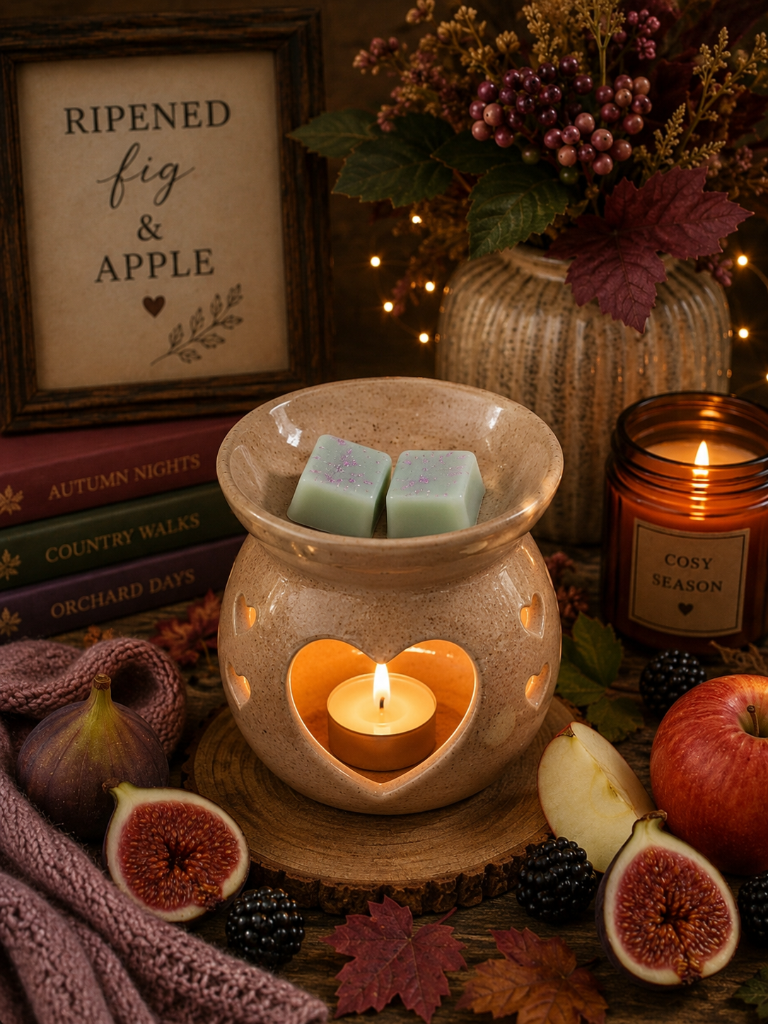A ceramic wax warmer with a heart-shaped cutout and two pale green wax cubes inside, styled on a wooden surface with lit candles, figs, apples, leaves, and a cozy autumn-themed background.
