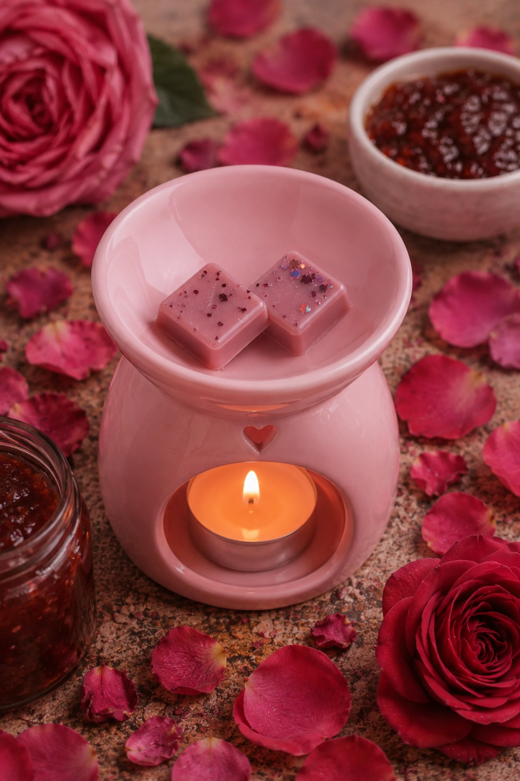 pink wax melts in burner with roses and jam background.