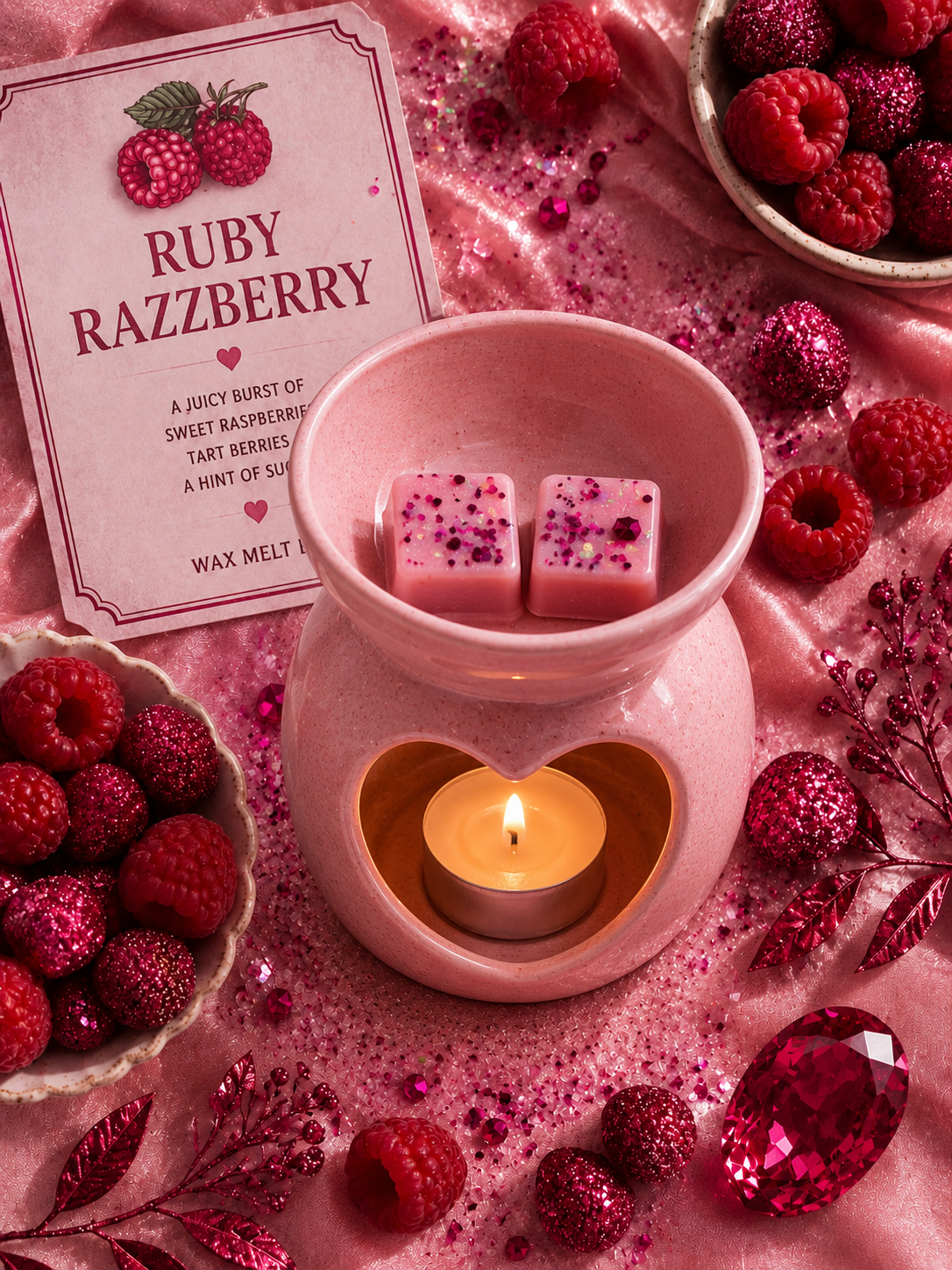 Pink wax melts in a heart-shaped wax warmer with raspberries and a 'Ruby Razzberry' card on a pink background.