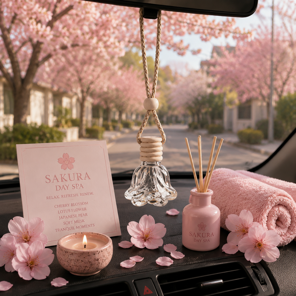 A Sakura Day Spa car air freshener set arranged on a dashboard, including a hanging reed diffuser, pink reed bottle, rolled towel, candle, flowers, petals, and a printed card, with a blurred street of pink cherry blossoms in the background.