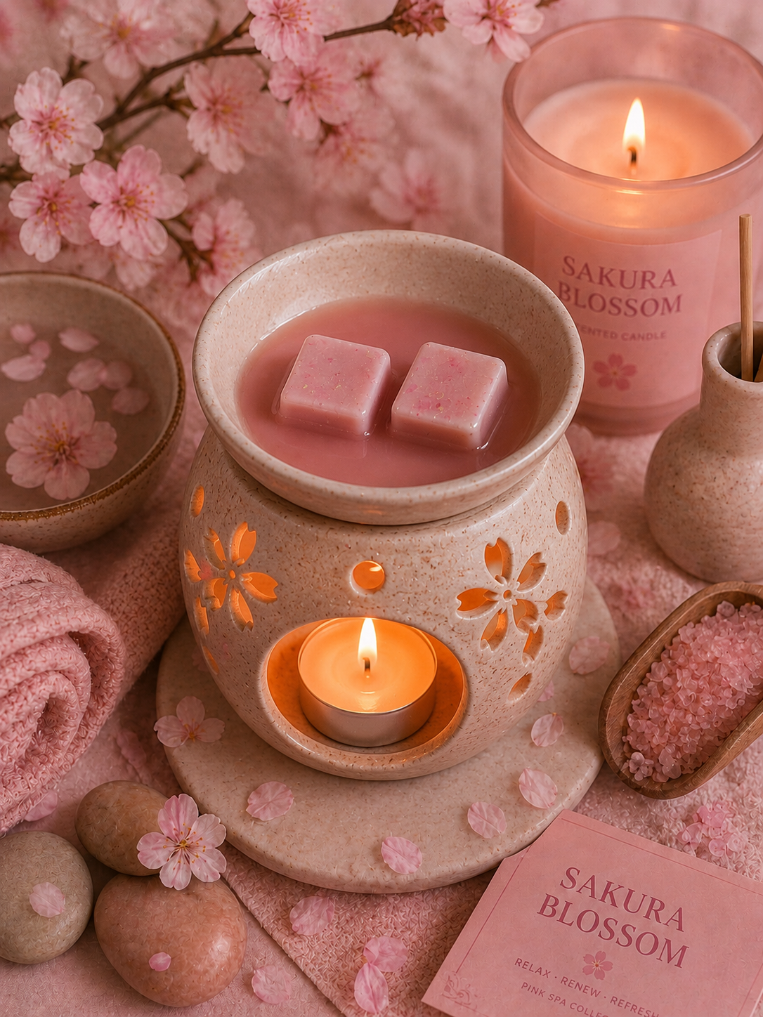 sakura wax melts in burner surrounded by pink blossoms and cosy vibes.