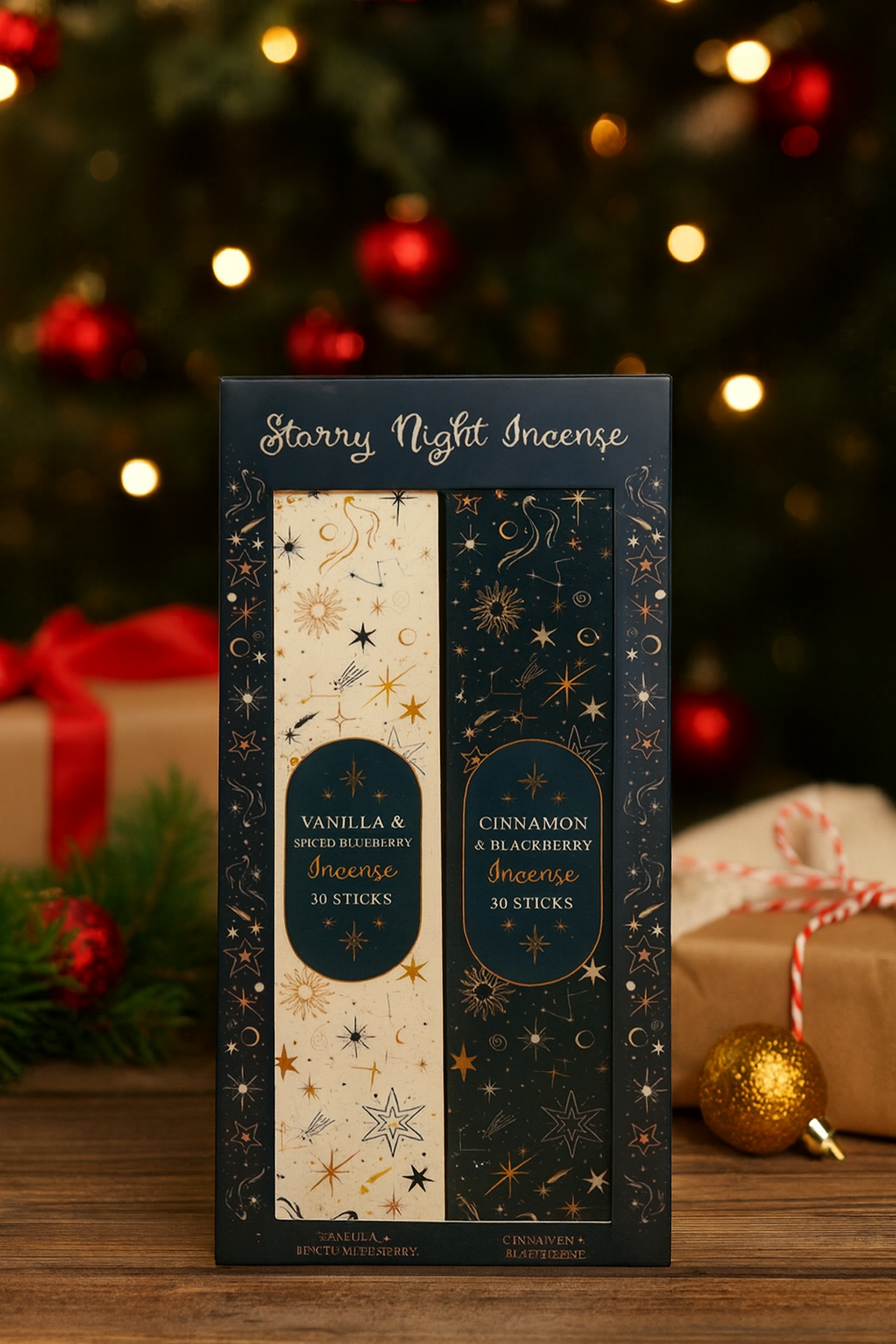 Starry Night Incense packaging with Christmas tree and presents in the background