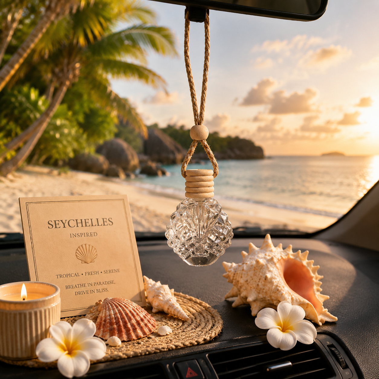 Seychelles car diffuser in car on beach.