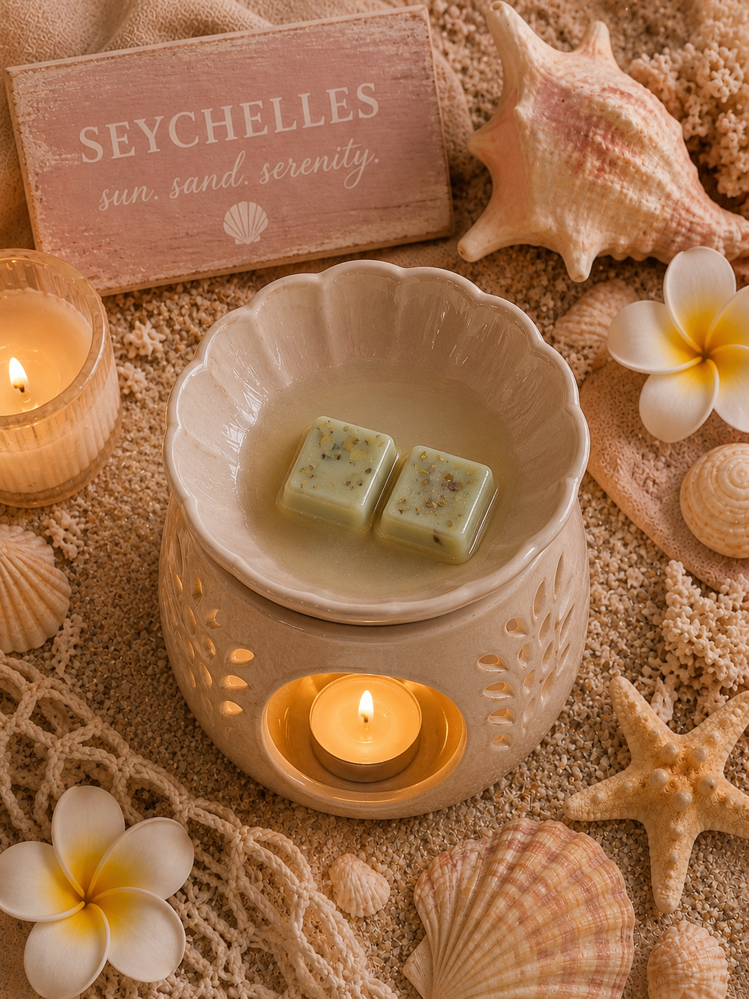 Seychelles wax melt in burner surrounded by beach and shells.