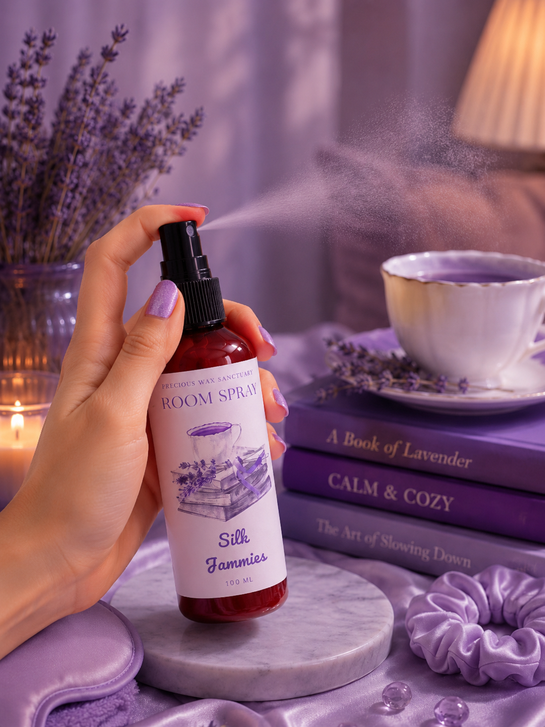 A hand holds a bottle of Silk Jammies 'Room Spray' as it sprays, creating a mist. The scene is styled with lavender props including a cup of tea, books, and a silk pillow on a purple satin background.