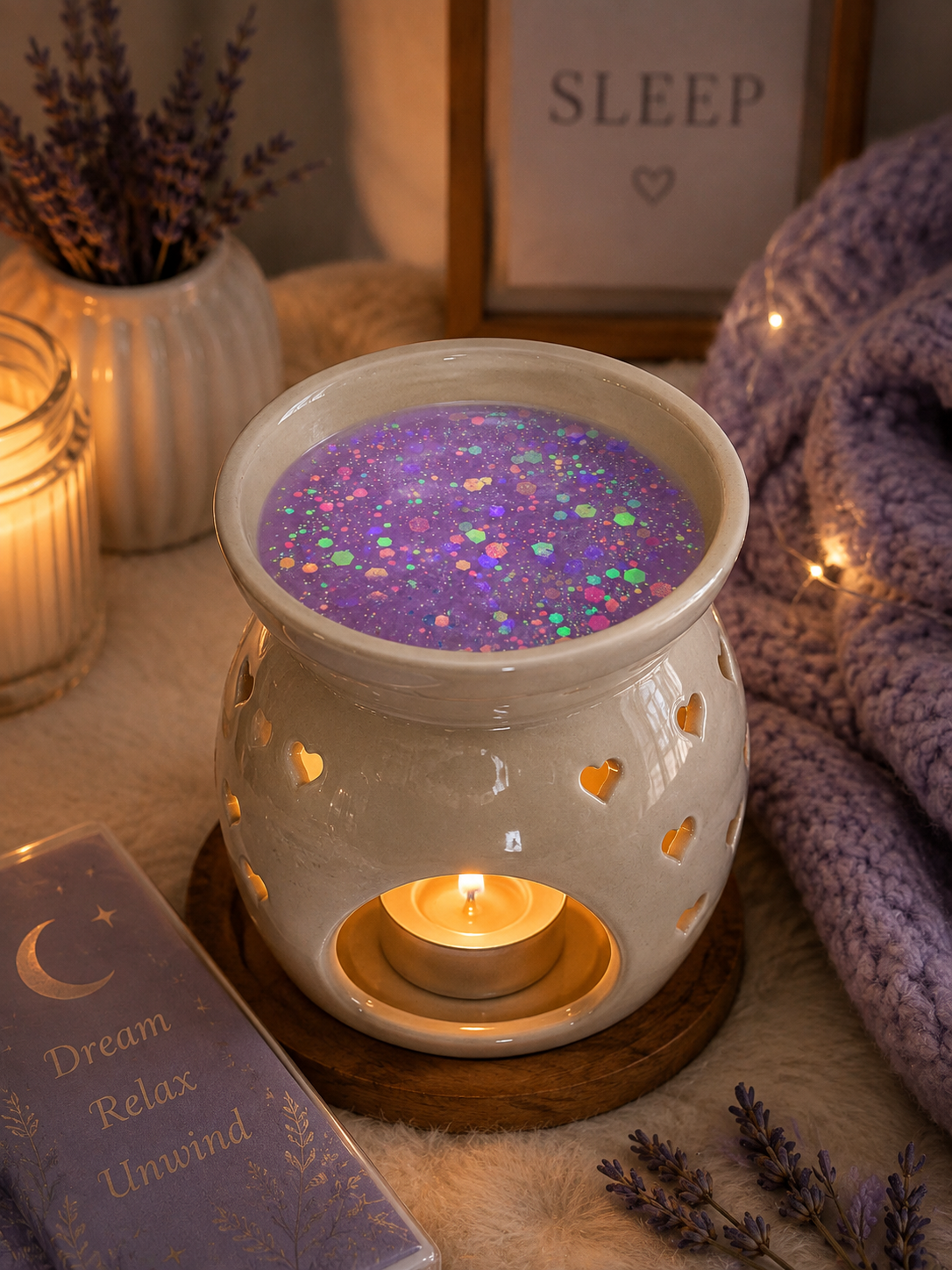 sleepy gel wax melt in burner with cosy background.