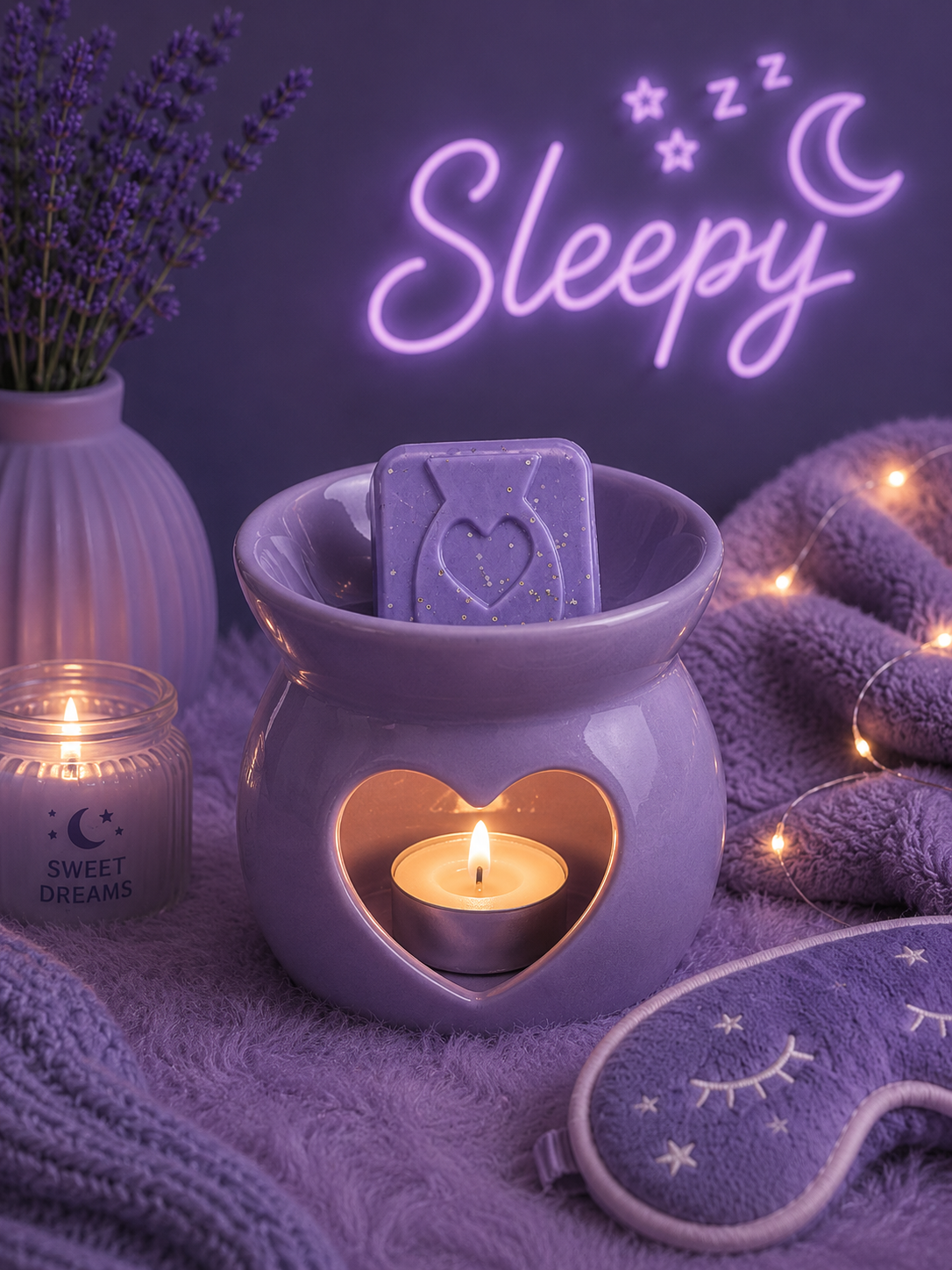 A cozy bedroom-style scene with a lavender-colored wax warmer holding a tealight candle, a lavender soap or wax melt with a heart cutout, a lit candle jar, a plush blanket, string lights, and a sleep mask. A glowing neon-style 'Sleepy' sign appears in the background.