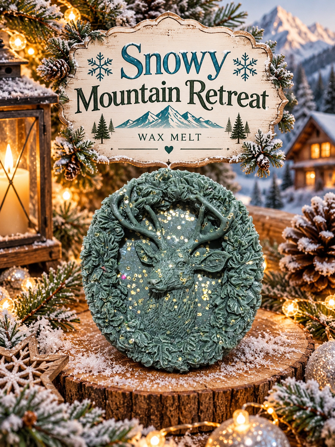 A round green wax melt block featuring a raised deer head with antlers and glittery gold details, displayed on a rustic wood slice surrounded by holiday decorations, evergreen branches, pinecones, and warm string lights. A decorative sign above reads 'Snowy Mountain Retreat Wax Melt'.