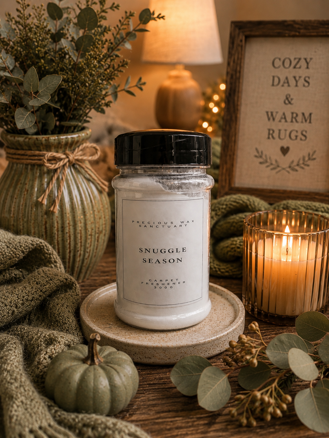 A jar of 'Snuggle Season' cozy carpet freshener by Precious wax sanctuary sits on a wooden table surrounded by warm autumn decor, including a lit candle, knitted blankets, a small pumpkin, eucalyptus leaves, and a framed sign reading 'Cozy Days & Warm Rugs'.