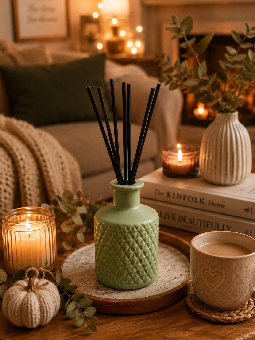 A light green textured reed diffuser bottle with black reeds sits on a wooden tray in a cozy, warmly lit living room setting with candles, books, and a mug.