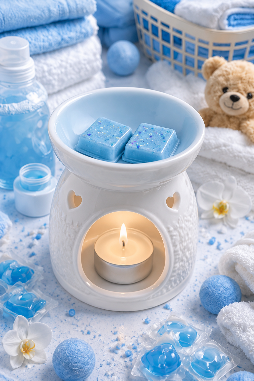 A white ceramic candle warmer with a lit tealight candle inside, topped with two blue wax melts. The scene is styled with blue towels, a small teddy bear, blue bath bombs, and blue flower petals on a white surface.