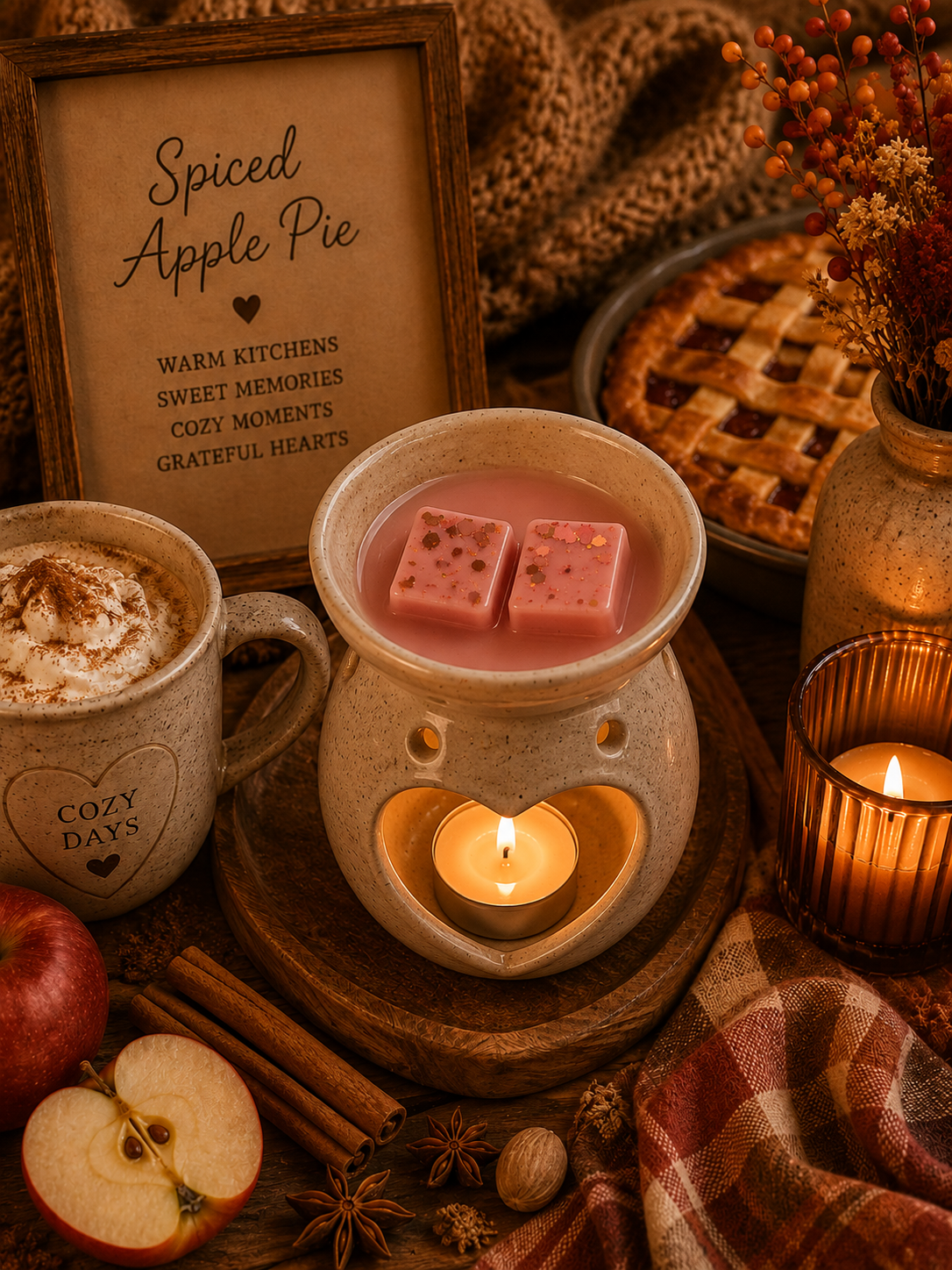 spiced apple pie autumn wax melts in burner with cosy autumn bakery background theme.