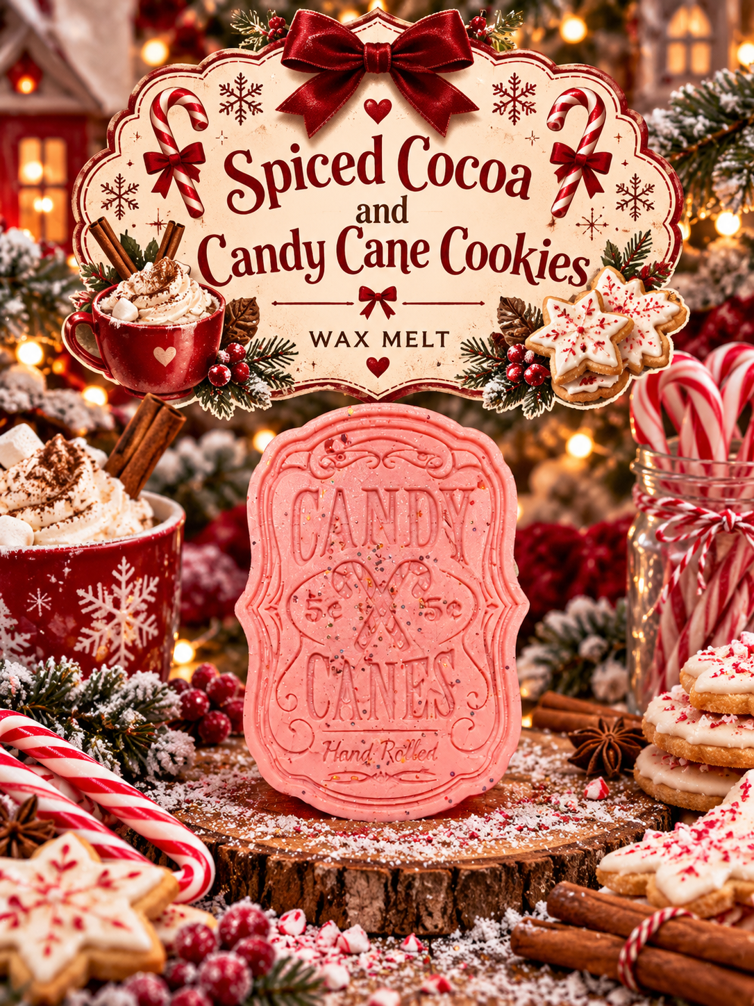 A pink decorative wax melt labeled 'Candy Cane' stands on a rustic wood slice surrounded by holiday cookies, candy canes, cinnamon sticks, and a mug of whipped cream. A large decorative sign above reads 'Spiced Cocoa and Candy Cane Cookies' and 'Wax Melt' with 'Candy Cane' in the center.