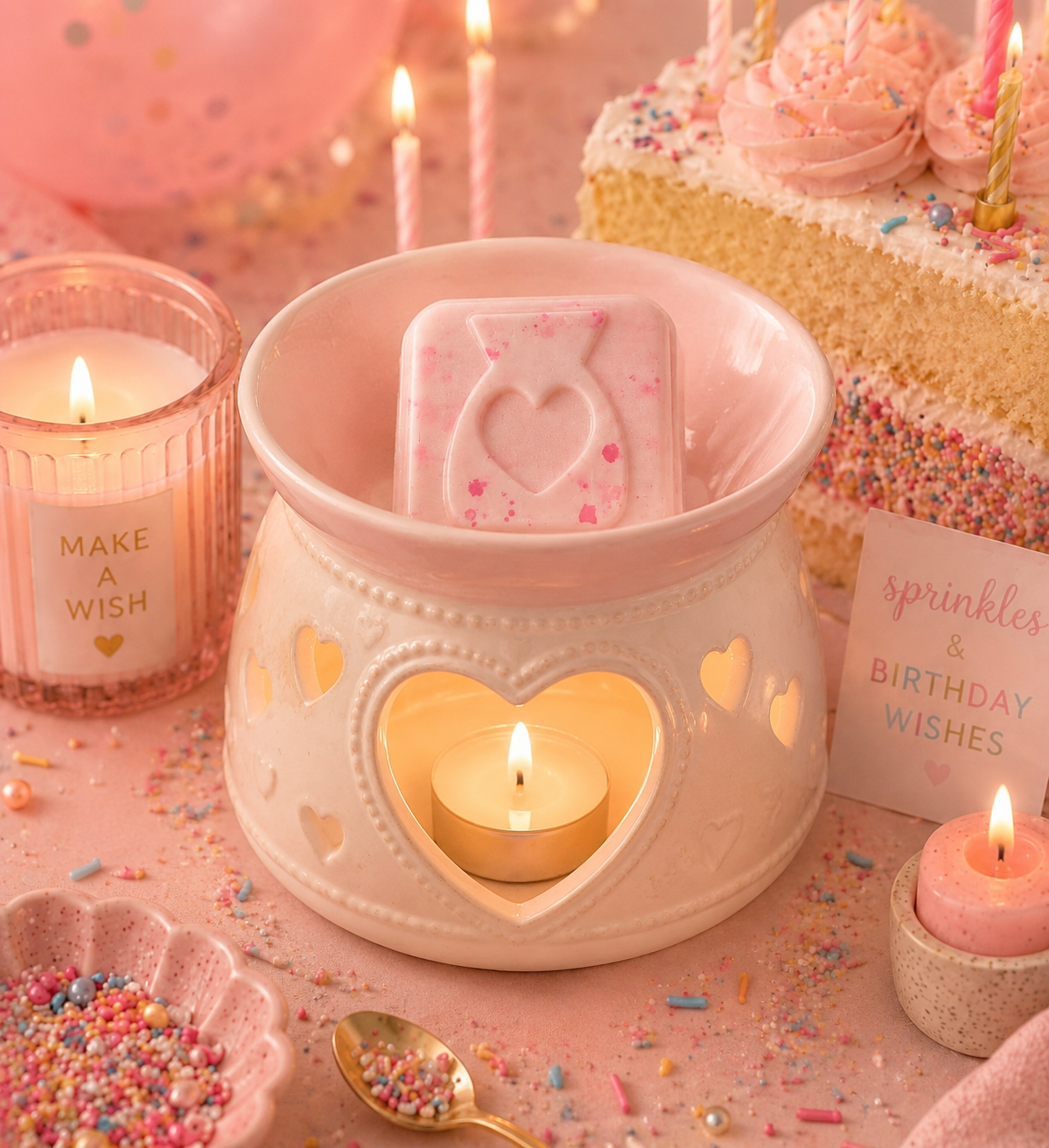 A pastel pink ceramic candle warmer with heart-shaped cutouts, lit with a tealight candle inside, holding a pink heart-patterned soap or wax melt. The scene is styled for a birthday celebration with a pink frosted cake, candles, sprinkles, and cards reading 'MAKE A WISH' and 'sparkles & birthday wishes'.