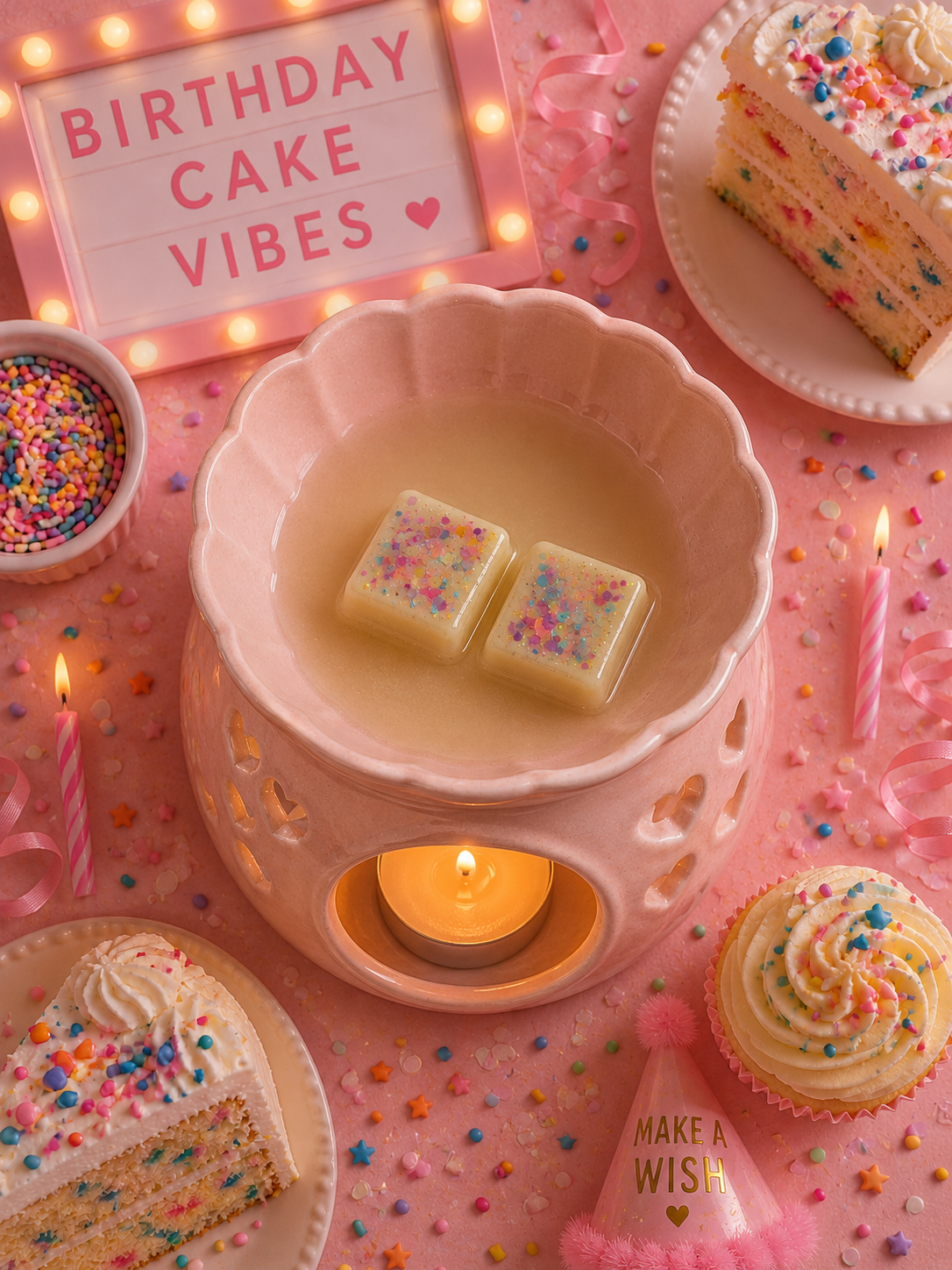 A pink ceramic candle warmer with a lit tea light underneath, holding two small square wax melts topped with multicoloured sprinkles. The scene is styled for a birthday celebration with cake slices, cupcakes, pink star candles, a sign reading 'BIRTHDAY CAKE VIBES,' and sprinkles on a pink confetti-covered surface.
