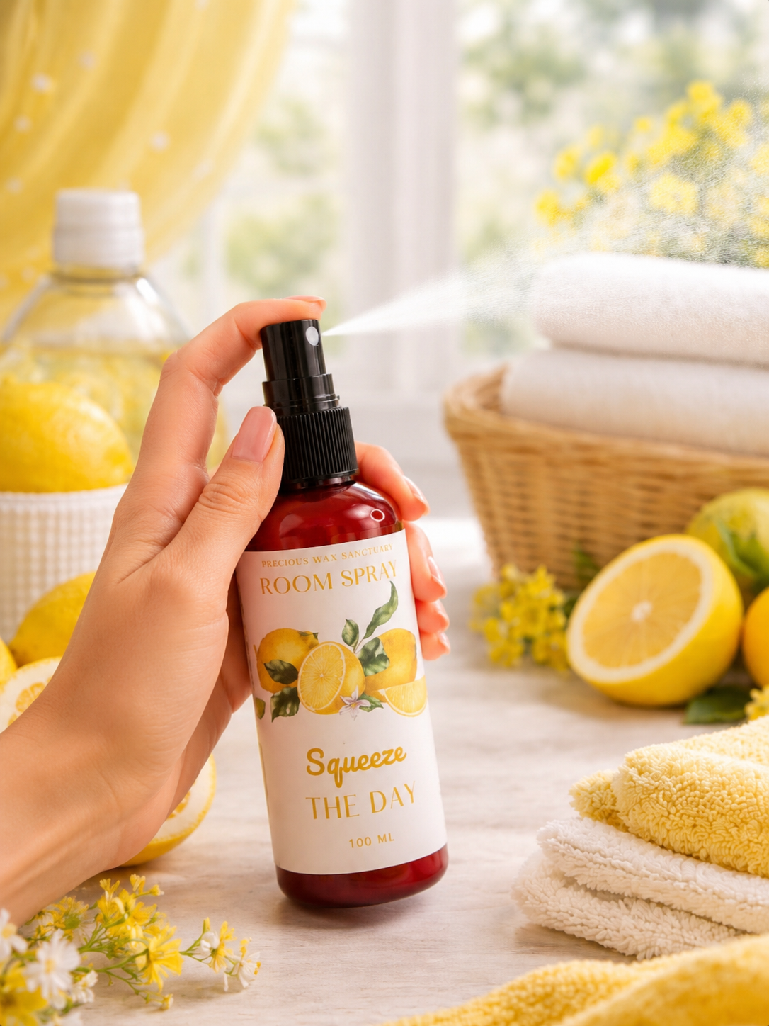Squeeze the day room spray being spritzed with lemon clean background.