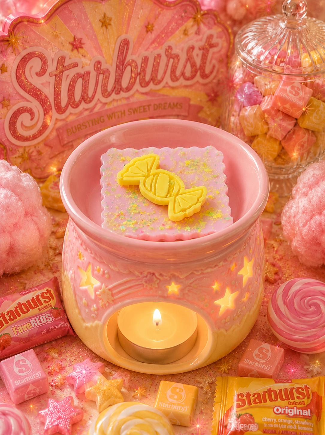 Starburst scented wax melt in burner surrounded by starburst sweets and candy.