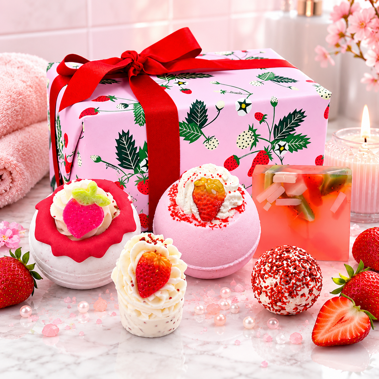 Bath bombs with strawberry toppings and a decorative gift box on a marble surface.