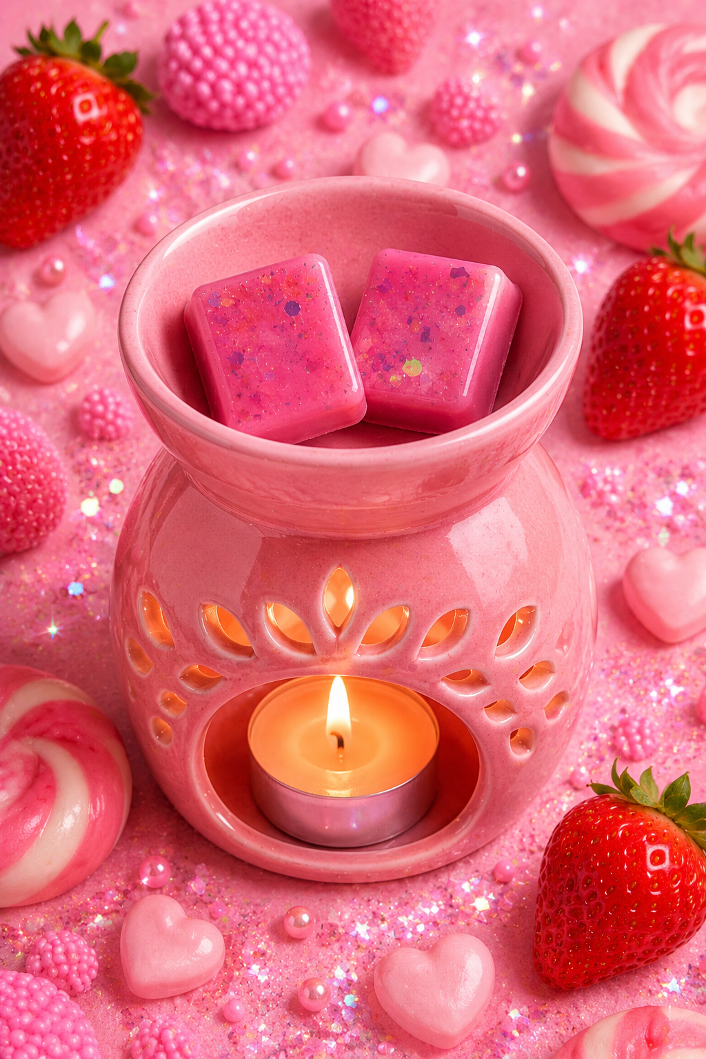 strawberry bon bon wax melts in pink burner with strawberry sweet theme.