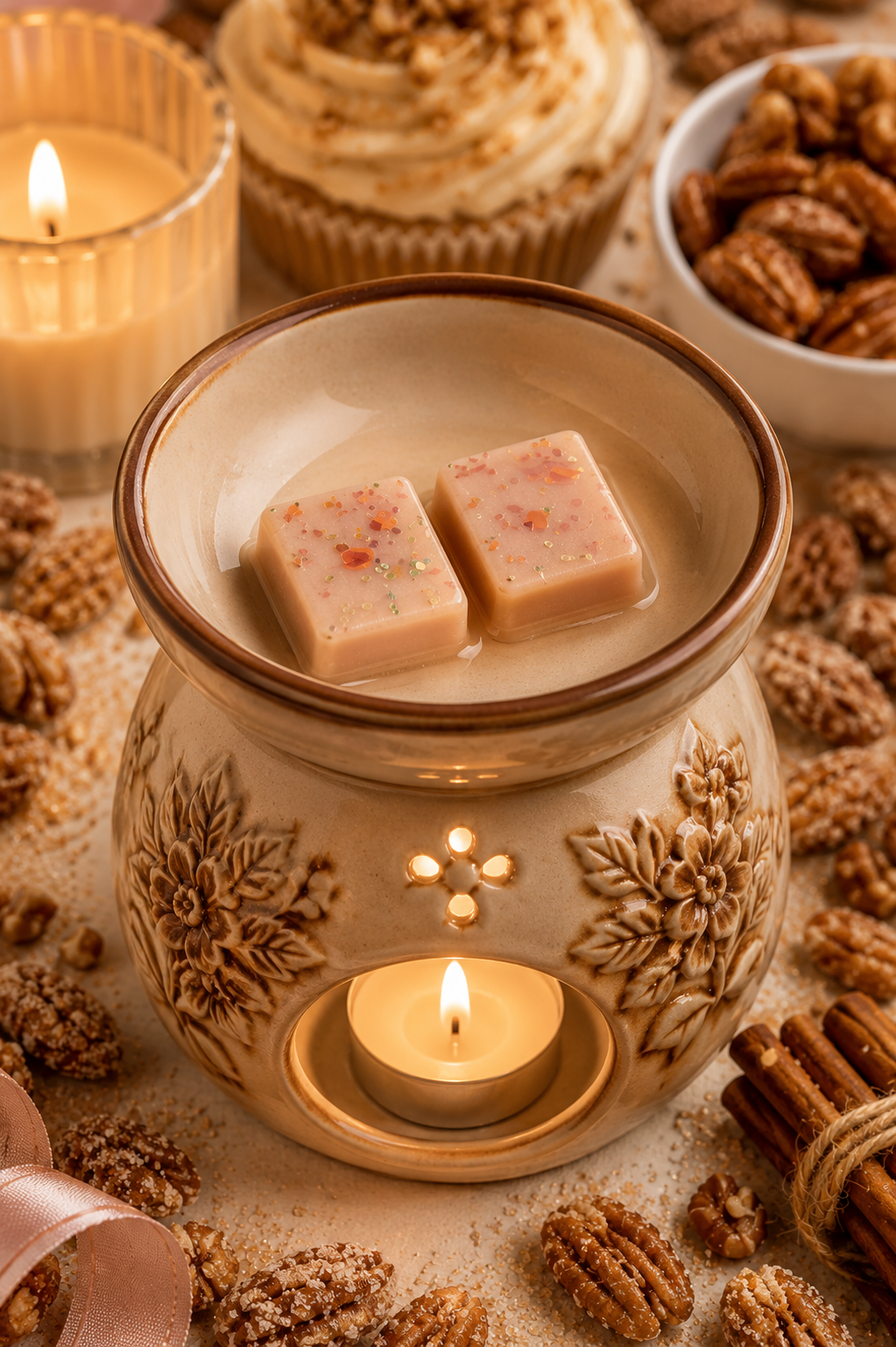 A ceramic wax warmer with floral embossed detailing, filled with two lit wax melts, surrounded by warm holiday props including candles, a cupcake, and pecans.