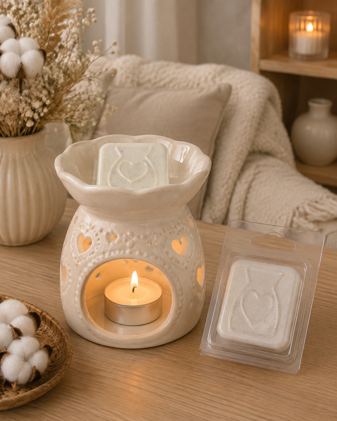A ceramic wax warmer with a lit tea light candle inside, shown on a wooden table beside a packaged wax melt. The scene includes dried flowers, a throw blanket, and a softly blurred home interior background.