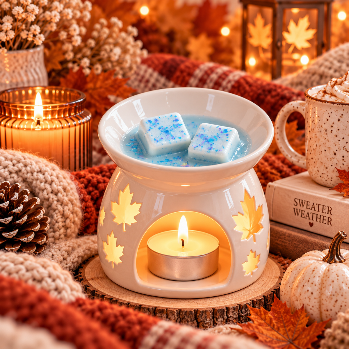 A ceramic wax warmer with a lit tealight candle inside, holding two blue wax melts in the bowl. The warmer is decorated with cutout maple leaves that glow warm yellow light.