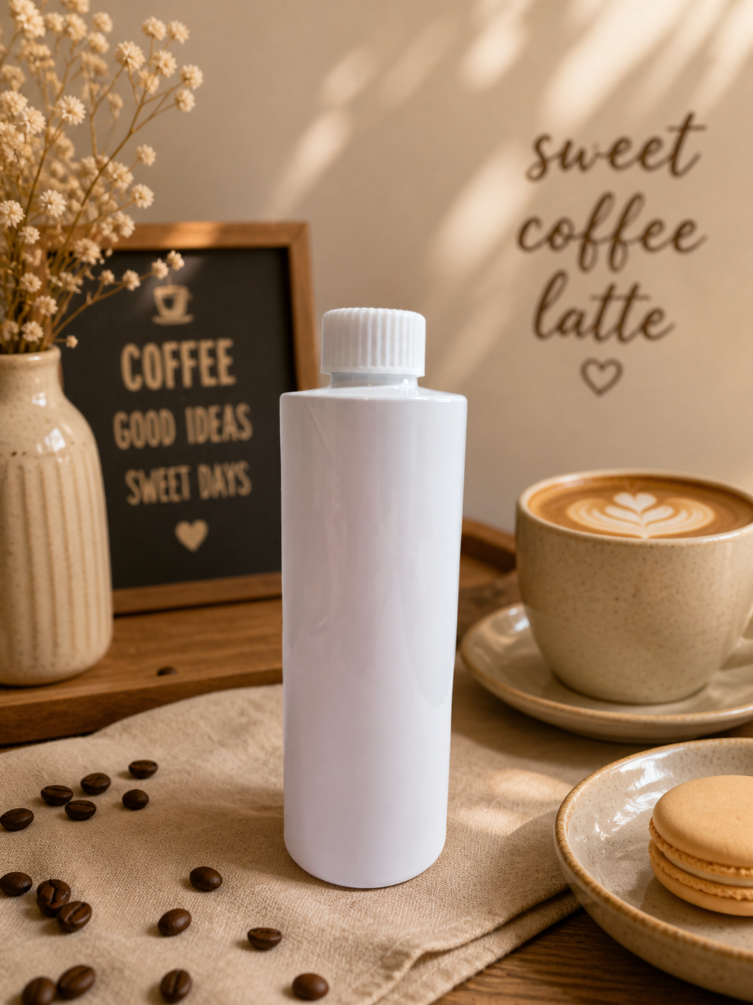 White bottle on a table with coffee beans, a cup of coffee, and decorative elements.