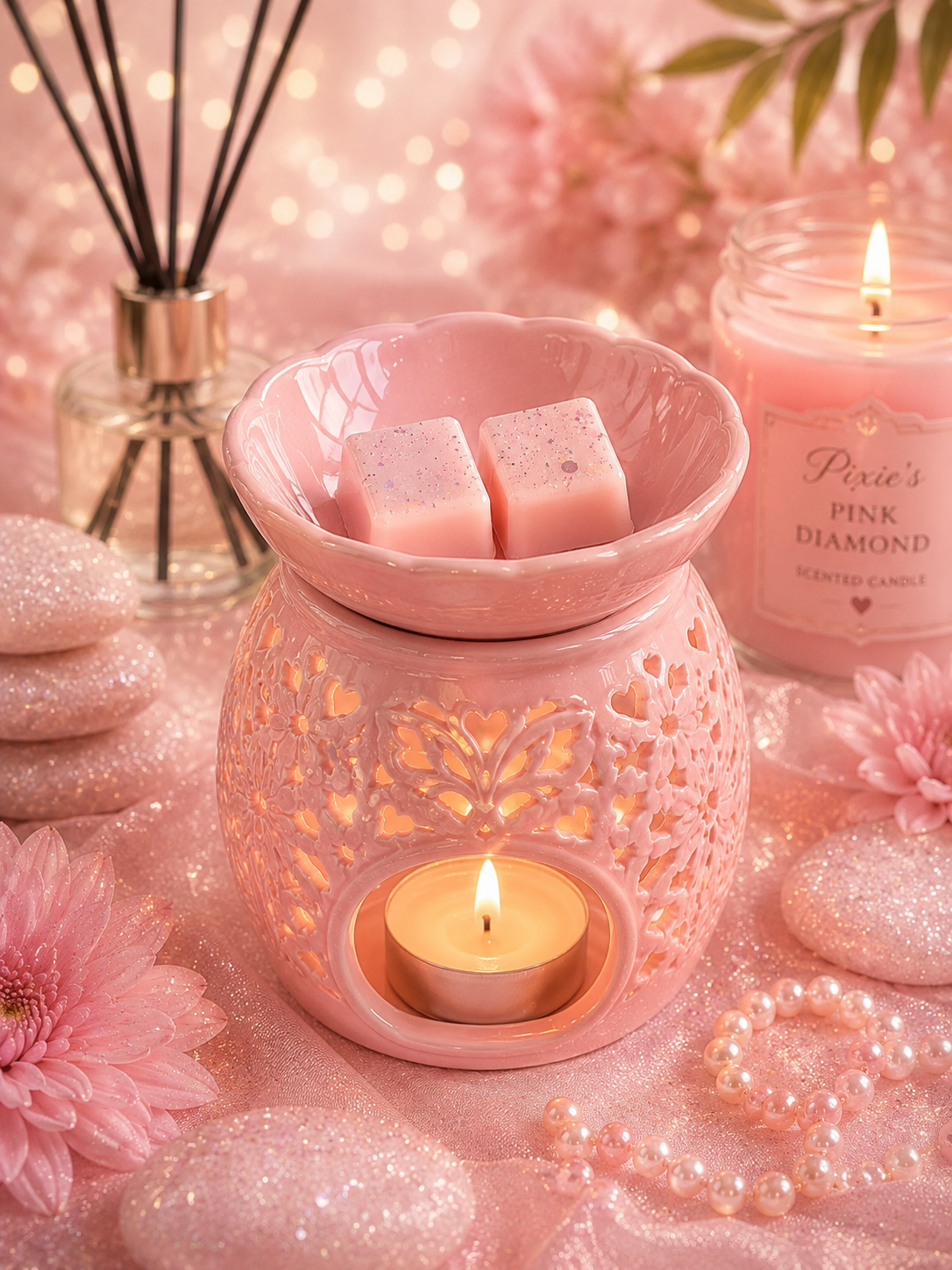 pink wax melts in burner with spa theme background.
